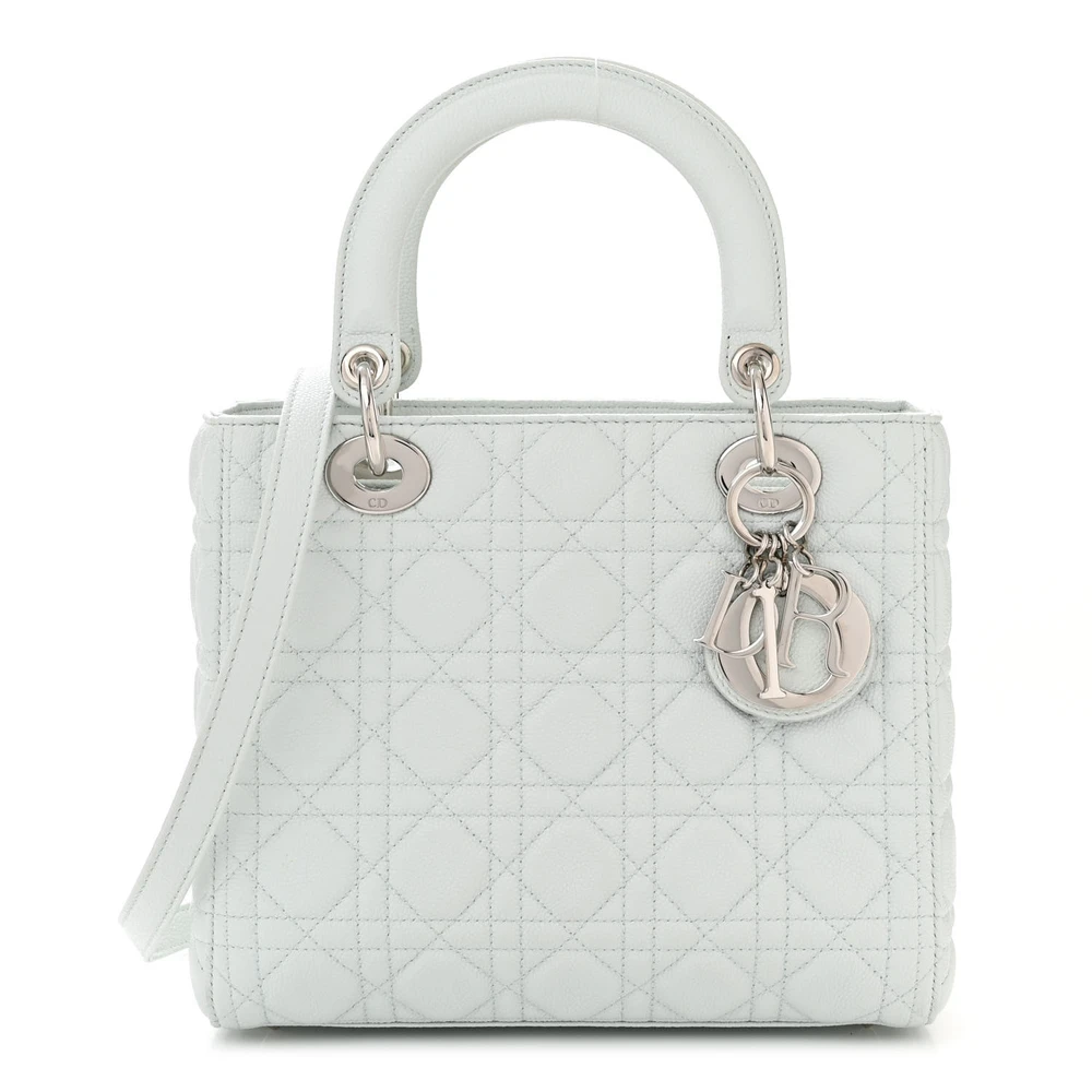 Dior Medium Lady Dior White Grained Cannage Calfskin Leather Silver Hardware