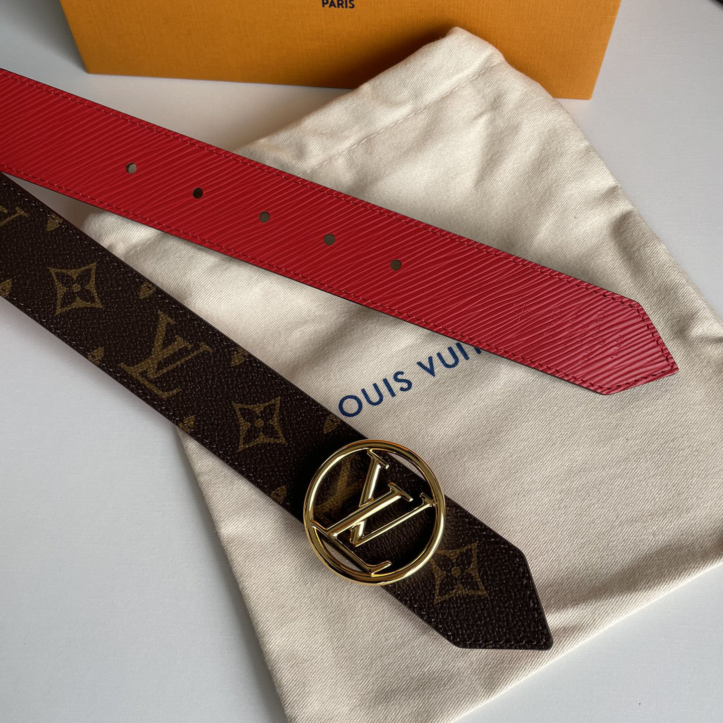 Louis Vuitton Women's Circle Buckle Belt In Black/Red Calfskin And Monogram Canvas With Gold/Silver Hardware 35mm