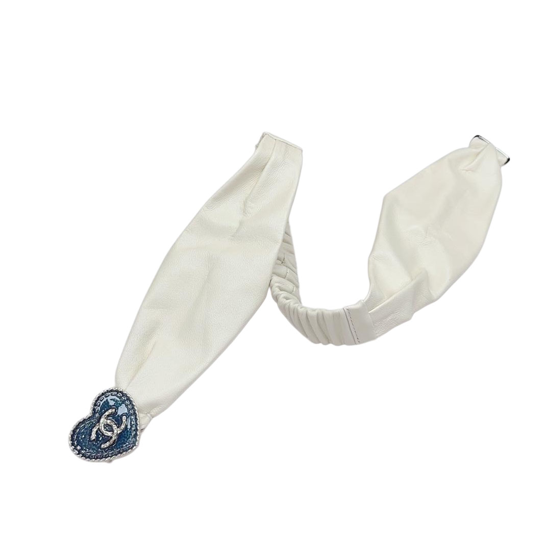 Chanel Women's Heart Buckle Elastic Belt In Black/White Lambskin With Silver Blue Hardware 50mm