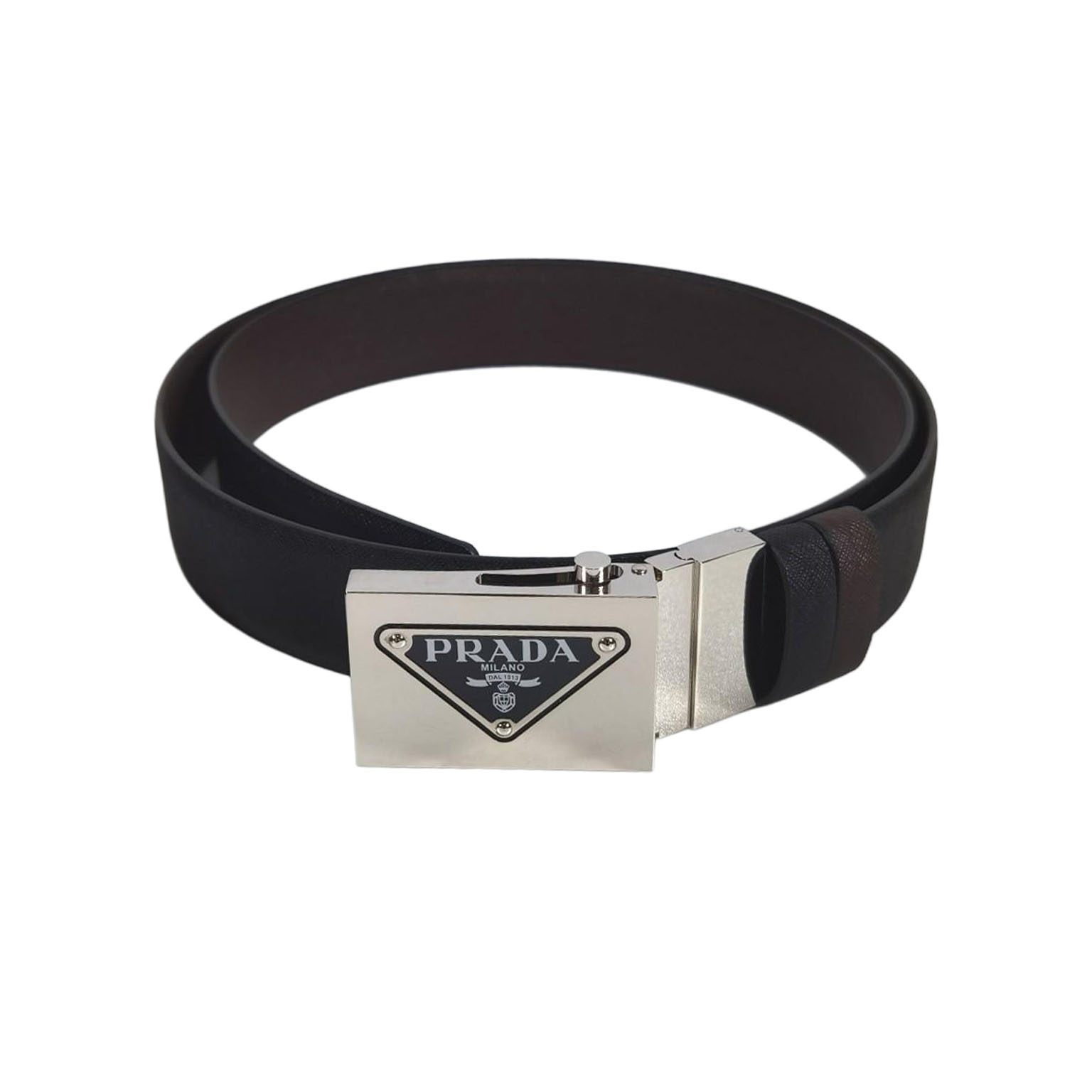 Prada Men' s Square Buckle Belt In Black/Brown/Blue/White Saffiano Calfskin With Silver Hardware 35mm