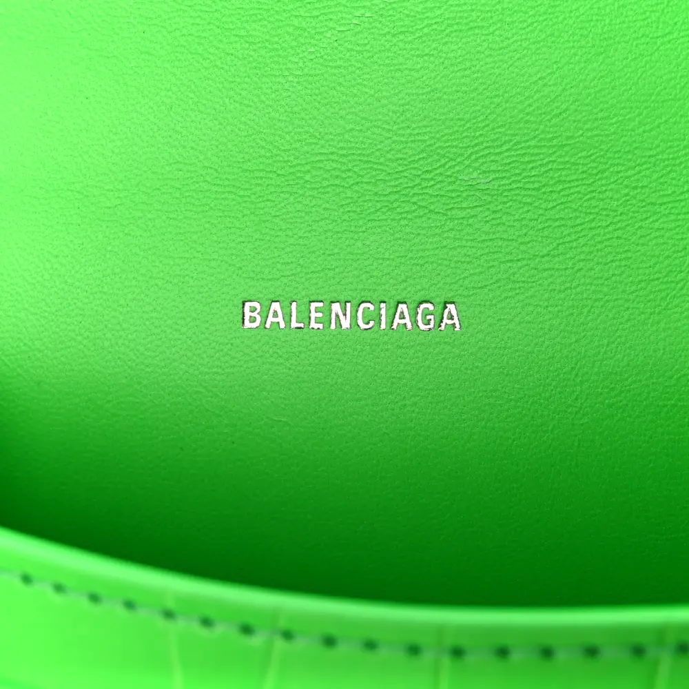 Balenciaga XS Hourglass Top Handle Bag Fluo Green Strass Crocodile Embossed Shiny Calfskin Leather Silver Hardware