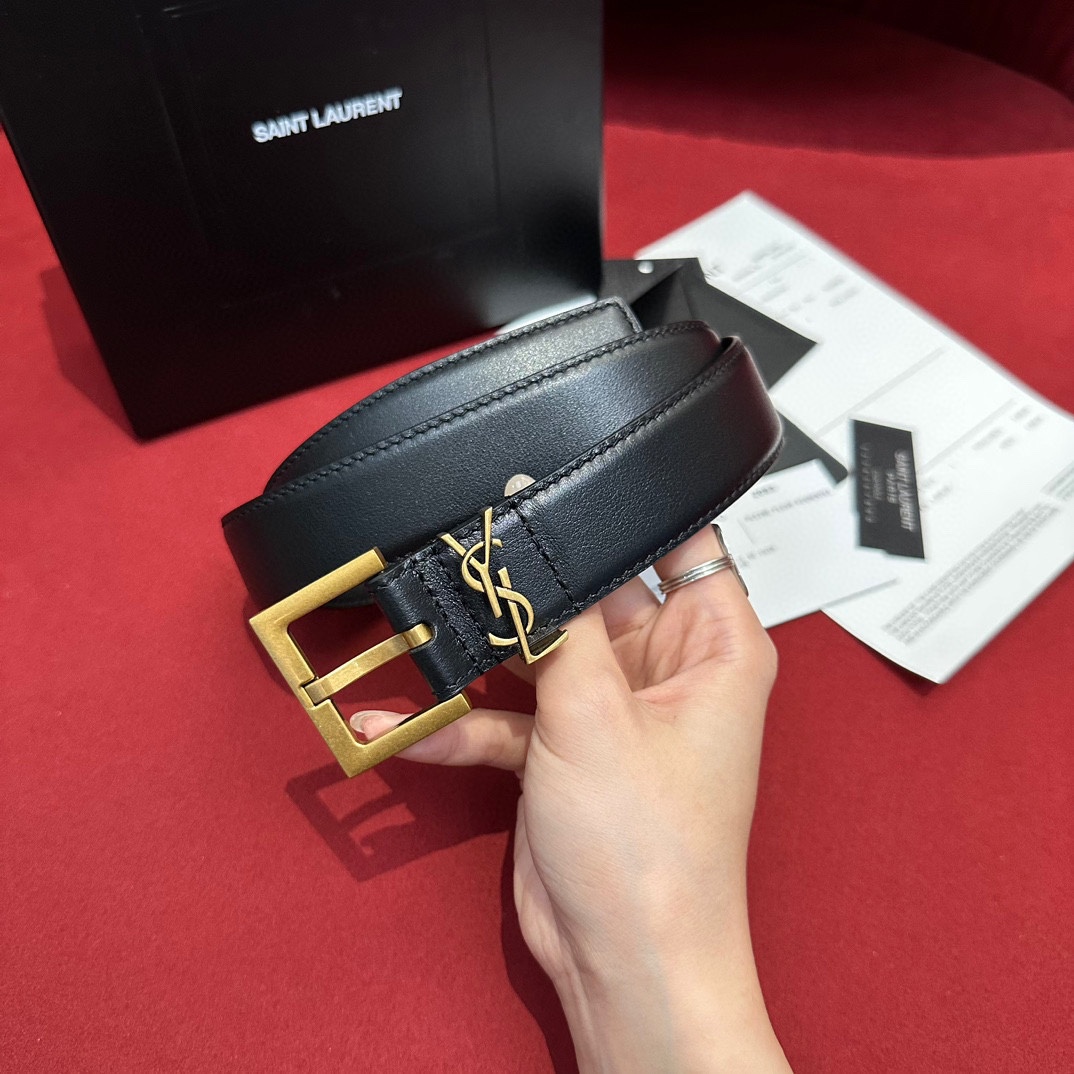 Saint Laurent Cassandre Belt In Black/White/Beige/Pink/Brown Smooth Calfskin With Gold Hardware 30mm