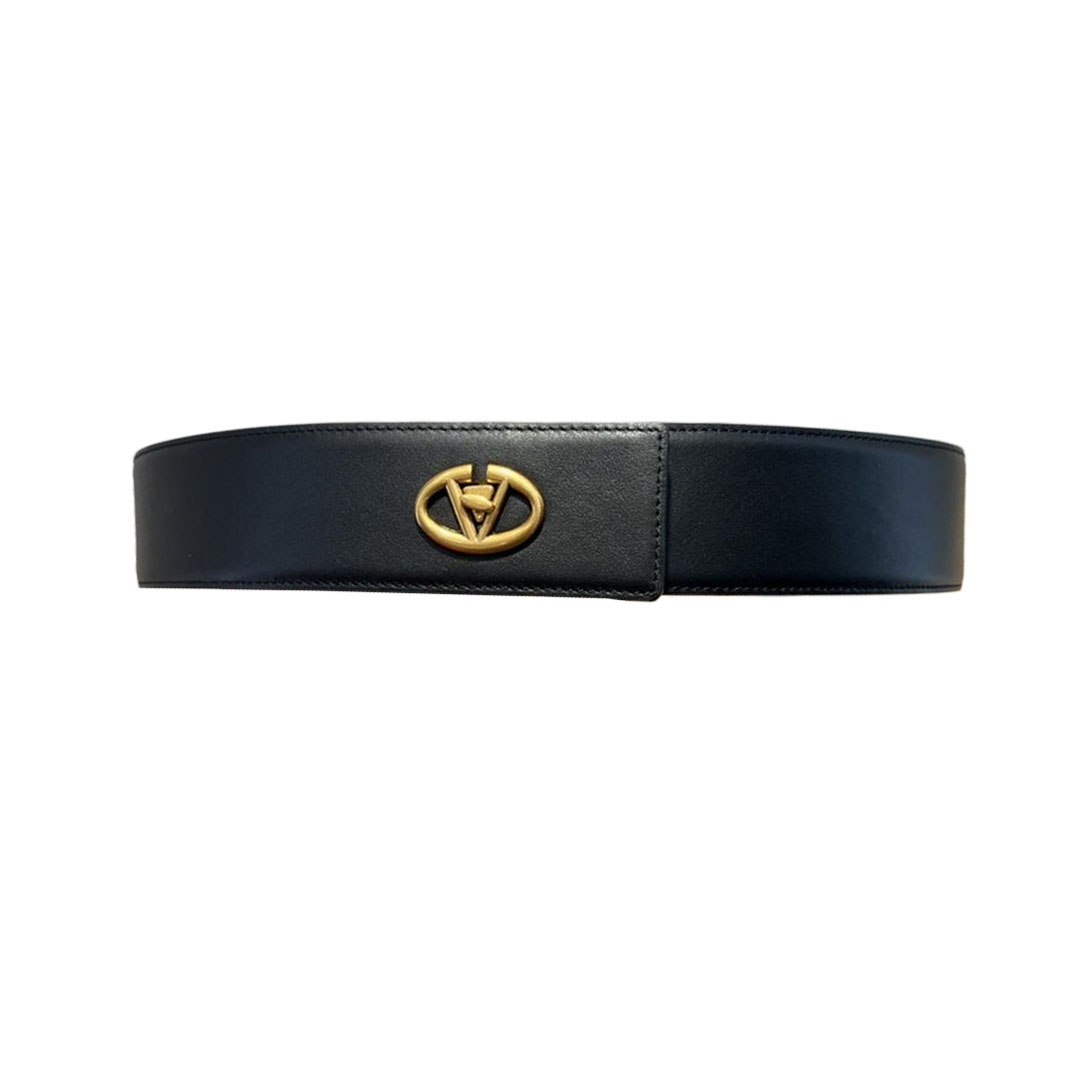 Valentino V Logo Signature Buckle Belt In Black/White/Brown Calfskin With Gold/Silver Hardware 50mm