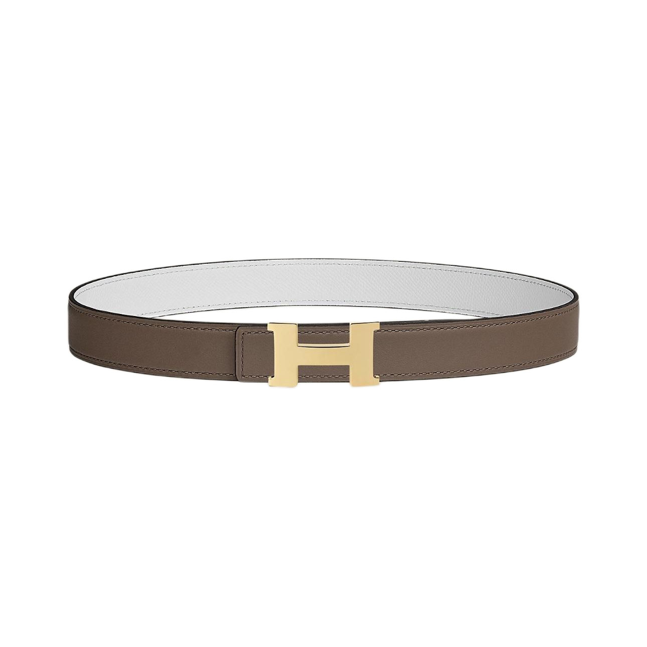 Hermès Women' s Mini Constance Buckle Reversible Belt In White/Black/Orange/Etoupe Calfskin With Gold/Silver Hardware 24mm
