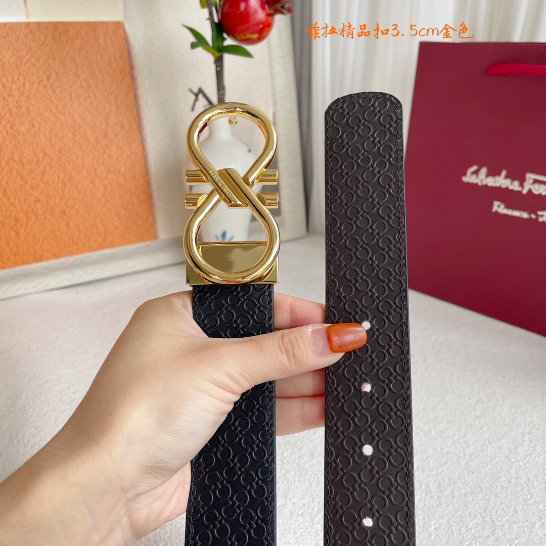 Ferragamo Men's Double Buckle Reversible Belt In Black/Coffee Gancini Monogram Calfskin With Gold/Silver/Gun Black Hardware 35mm