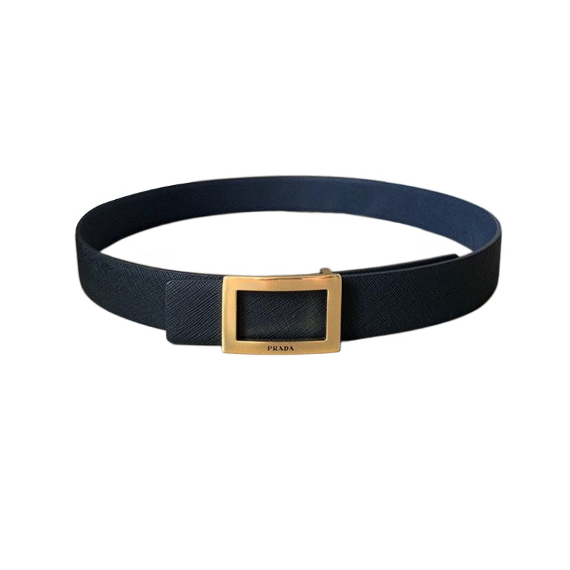 Prada Men' s Square Buckle Reversible Belt In Black/Blue/White Saffiano Calfskin With Gold/Silver Hardware 34mm