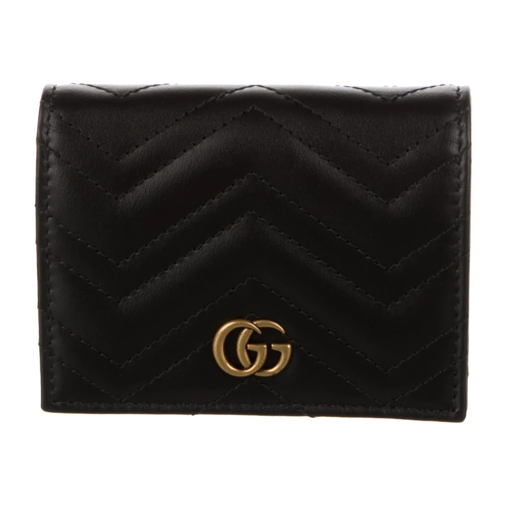 Gucci Small Marmont Logo Compact Wallet Black GG Canvas Gold Hardware