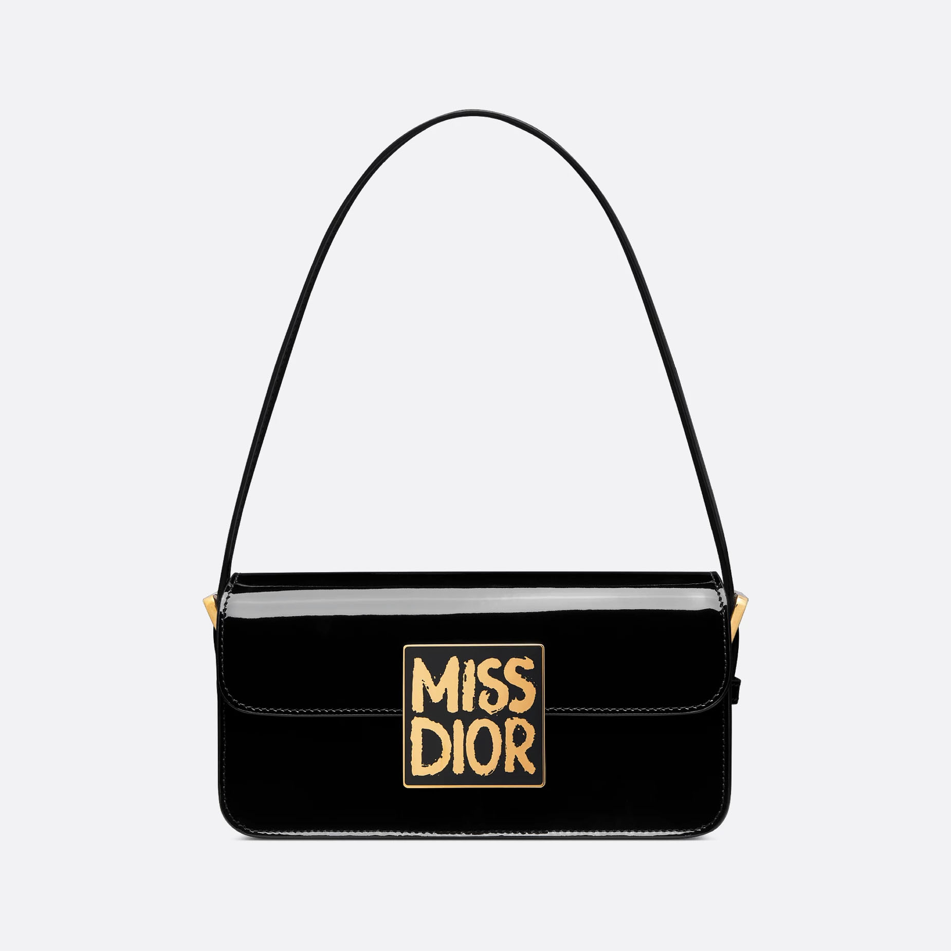 Dior Miss Dior Flap Bag In Black Patent Calfskin With Gold Hardware