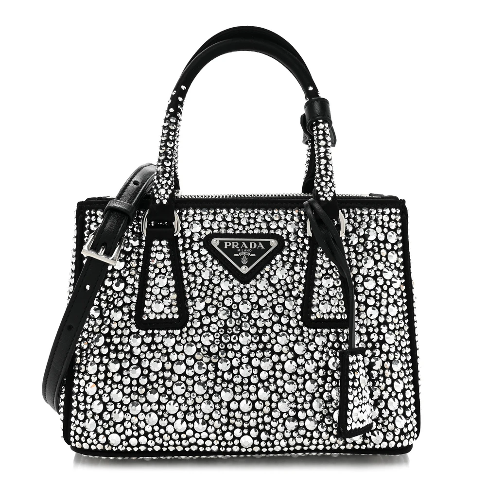 Prada Mini Galleria Double Zip Tote Black Metal Satin & Crystal Silver Hardware
