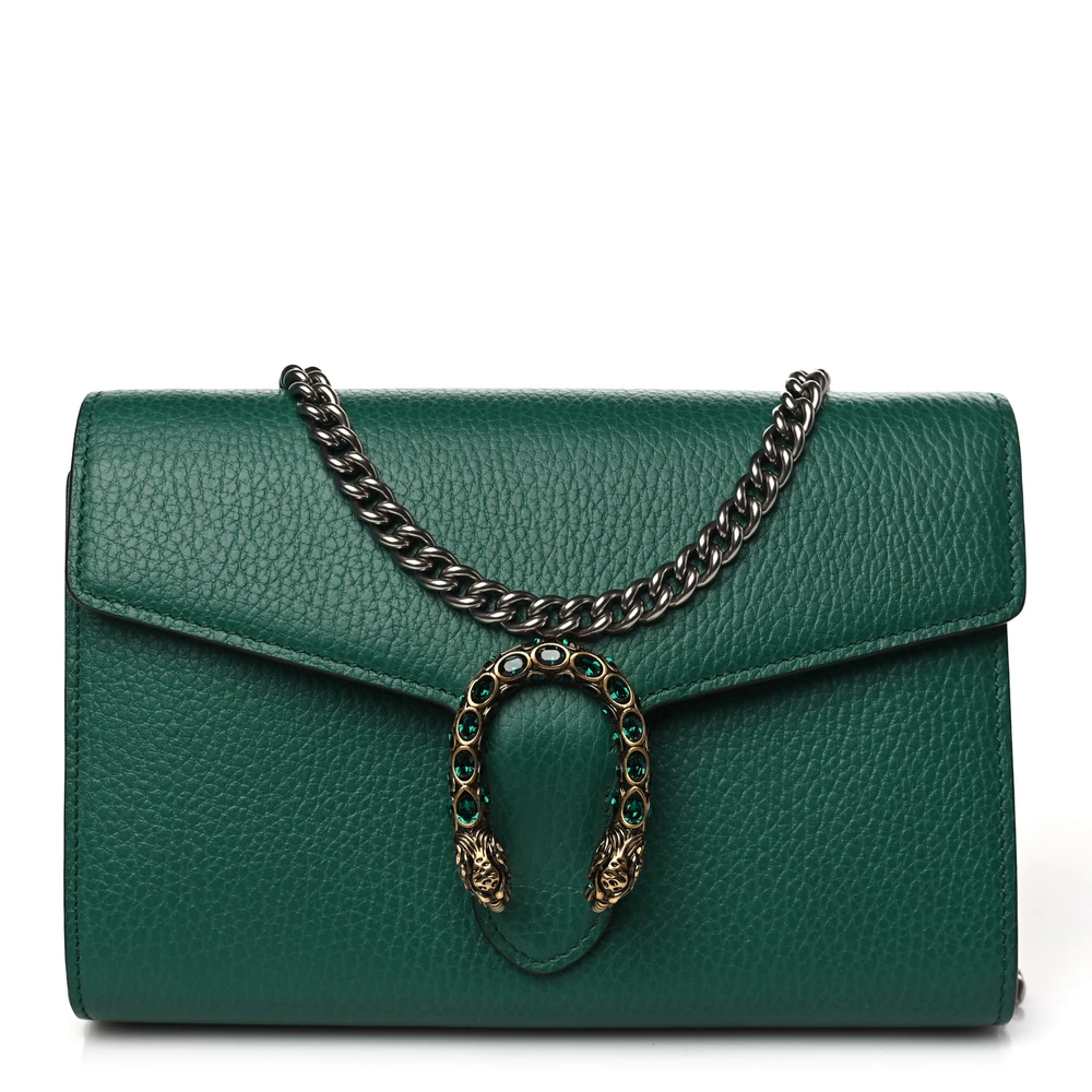 Gucci Mini Dionysus Chain Wallet Emerald Calfskin Leather Aged Silver Hardware