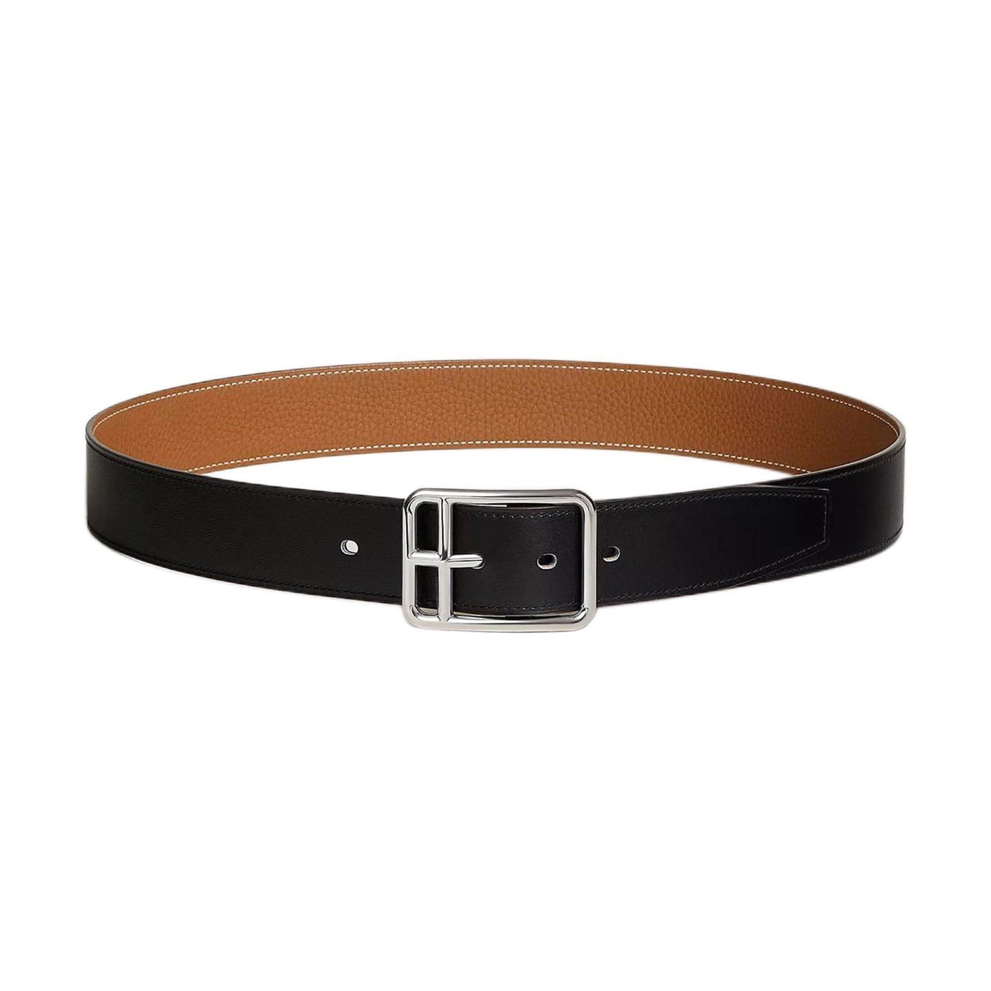 Hermès Men' s Square Buckle Half Cod Reversible Belt In Black And Brown Calfskin With Silver Hardware 38mm