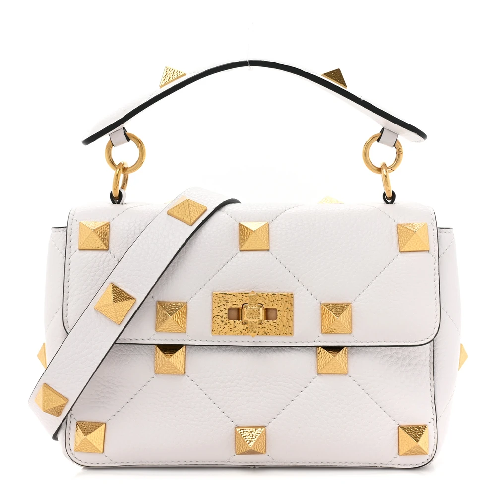 Valentino Garavani Medium Roman Stud Shoulder Bag Ivory Grained Calfskin Leather Light Gold Hardware
