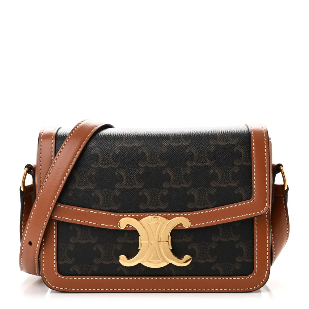 Celine Small Teen Triomphe Bag Tan Calfskin Leather & Triomphe Canvas Gold Hardware