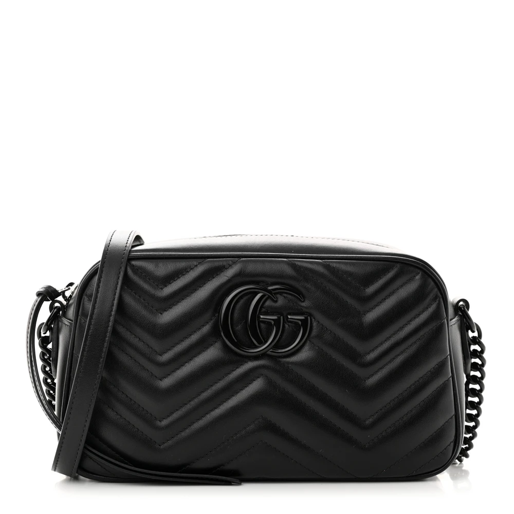 Gucci Small GG Marmont Chain Shoulder Bag Black Calfskin Leather Black Hardware