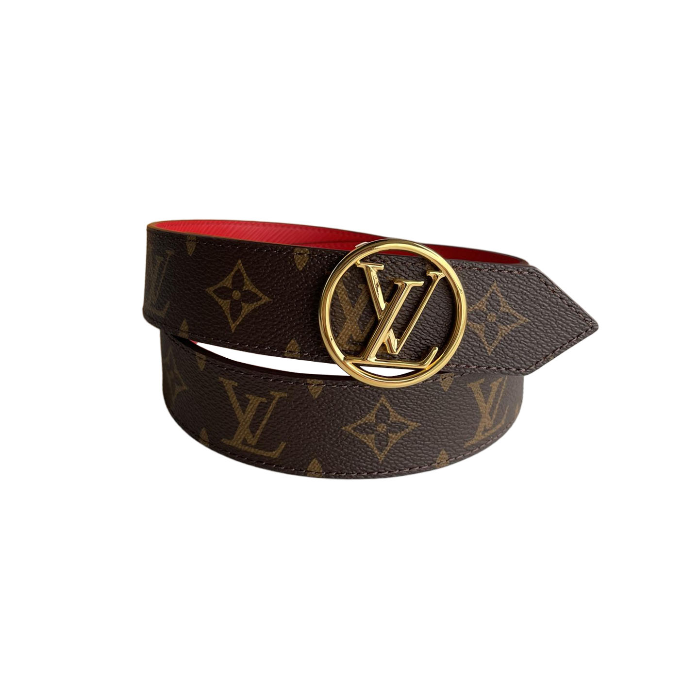 Louis Vuitton Women's Circle Buckle Belt In Black/Red Calfskin And Monogram Canvas With Gold/Silver Hardware 35mm