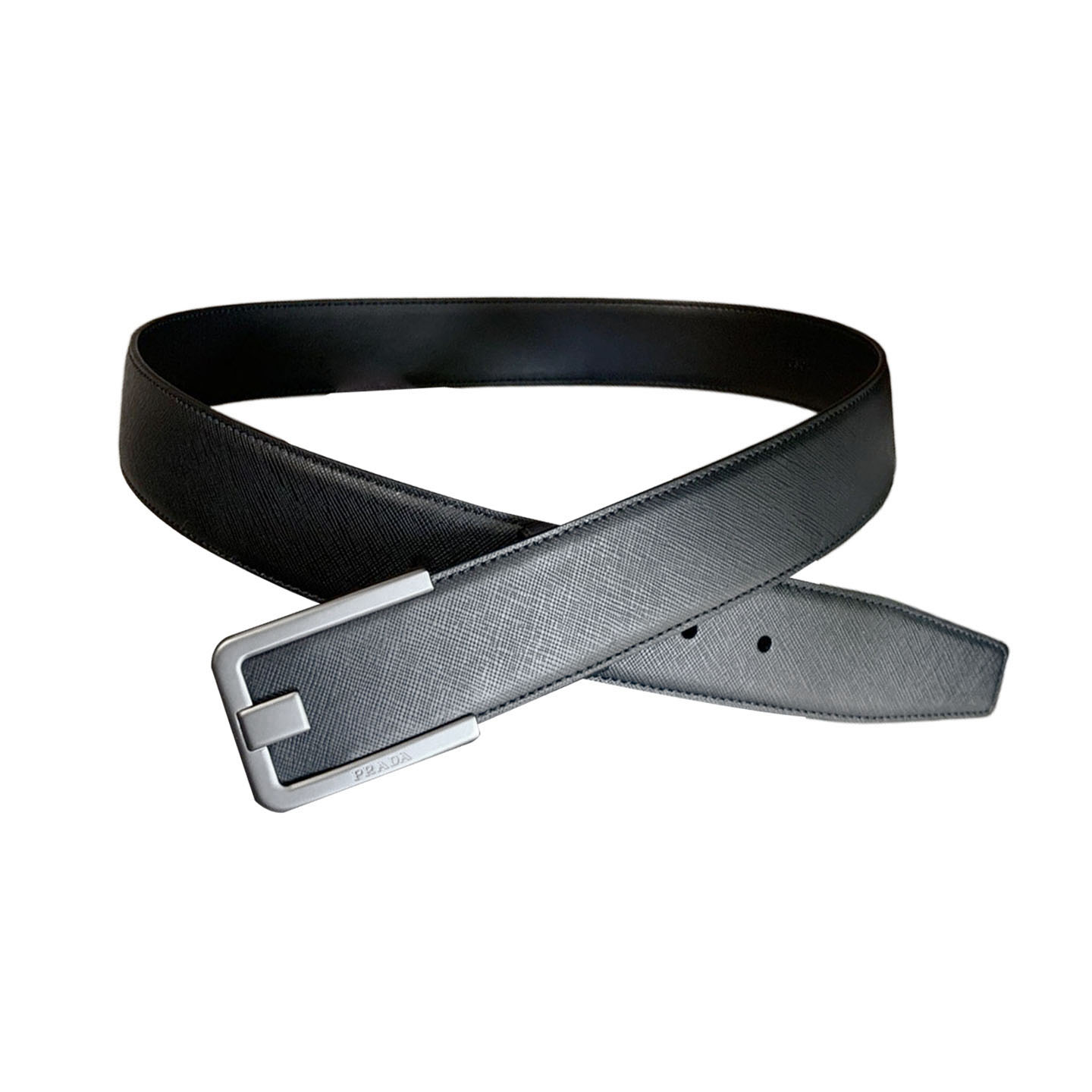 Prada Men' s Square Buckle Belt In Black Saffiano Calfskin With Gold/Silver Hardware 40mm