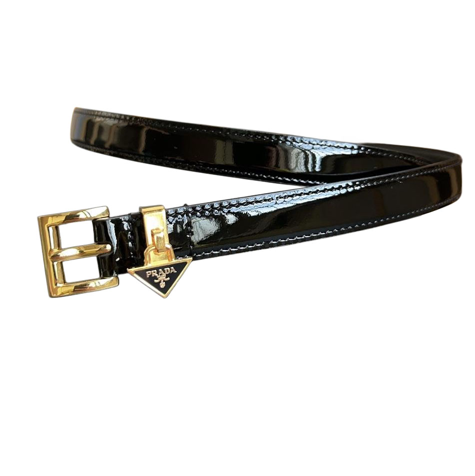 Prada Women' s Square Buckle Thin Belt In Black/Brown/White Calfskin With Gold/Silver Hardware 15mm