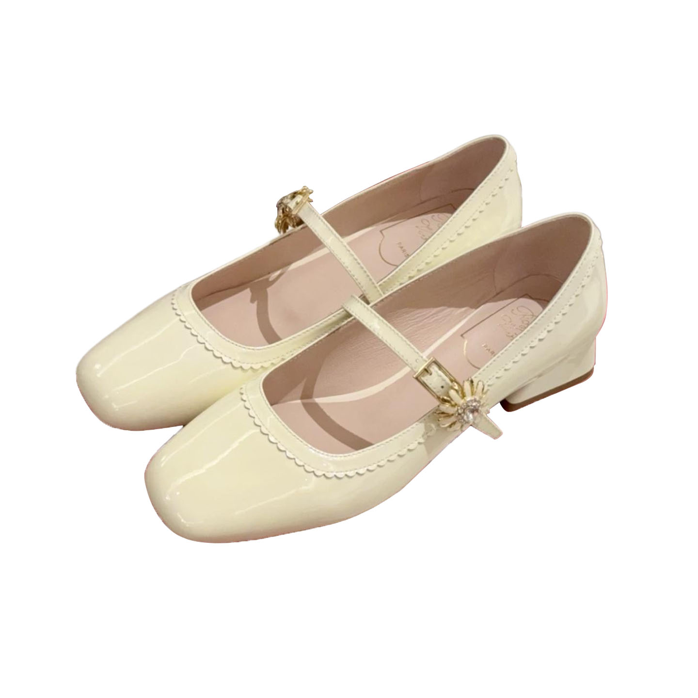 Roger Vivier Très Vivier Dasiy Mary Janes In White/Pink Patent Leather With Flower Metal Buckle (Heel Height 2.5cm)