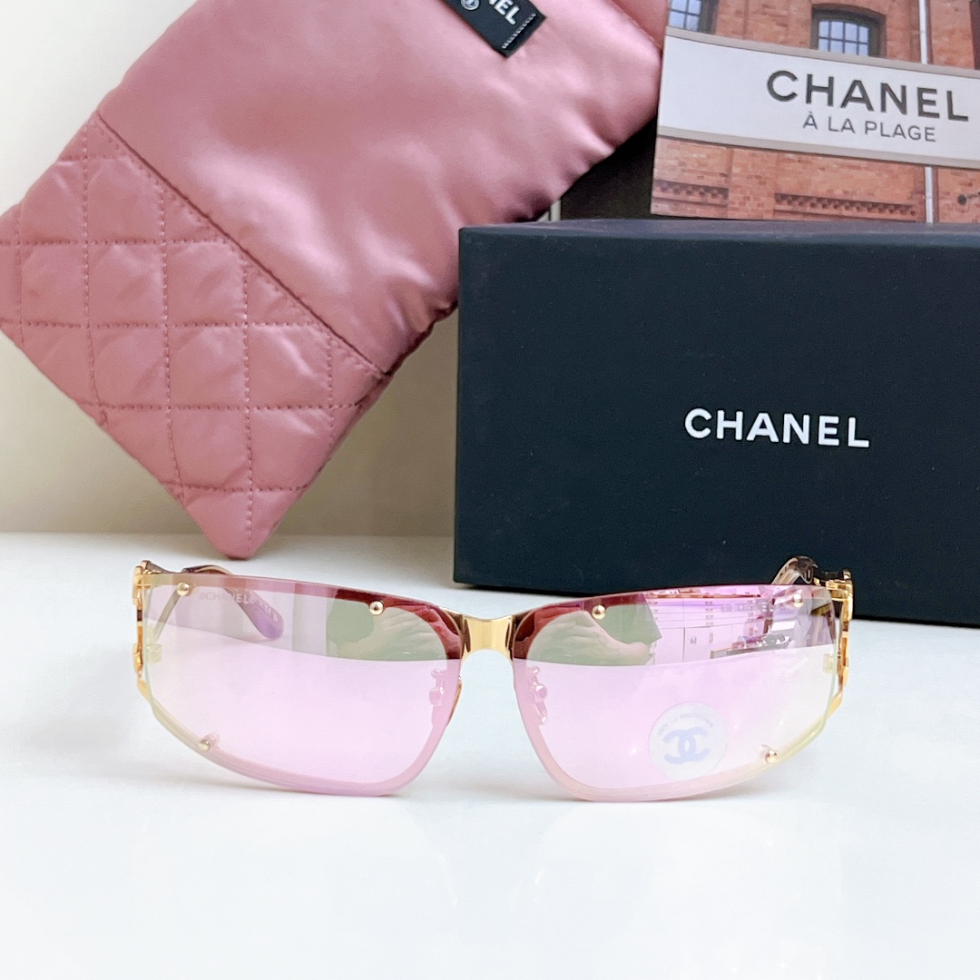 CHANEL square frame glasses pink gold color size 64-11-120