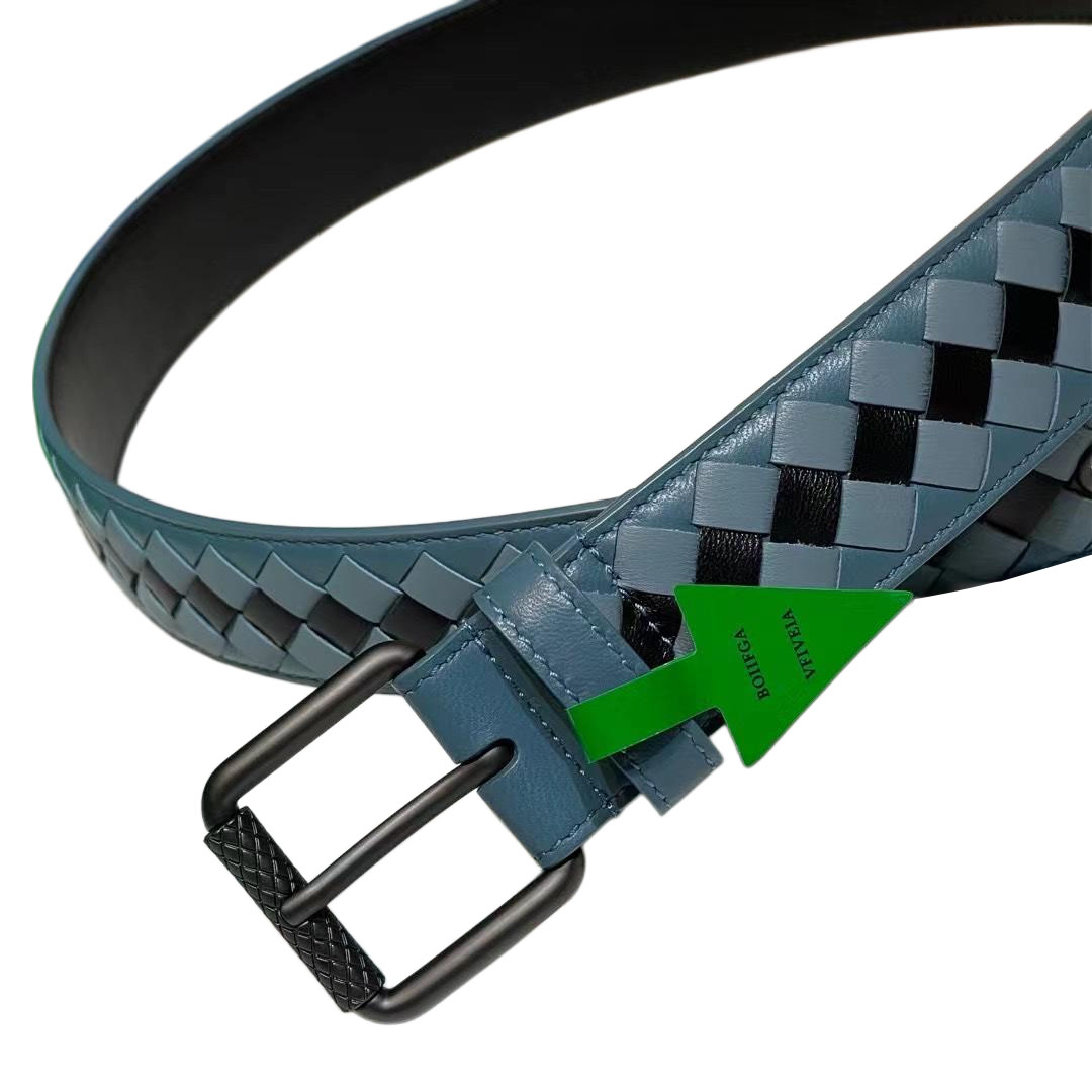 Bottega Veneta Men's Square Buckle Intrecciato Belt In Multicolor Calfskin With Silver/Matte Gun Black Hardware 35mm