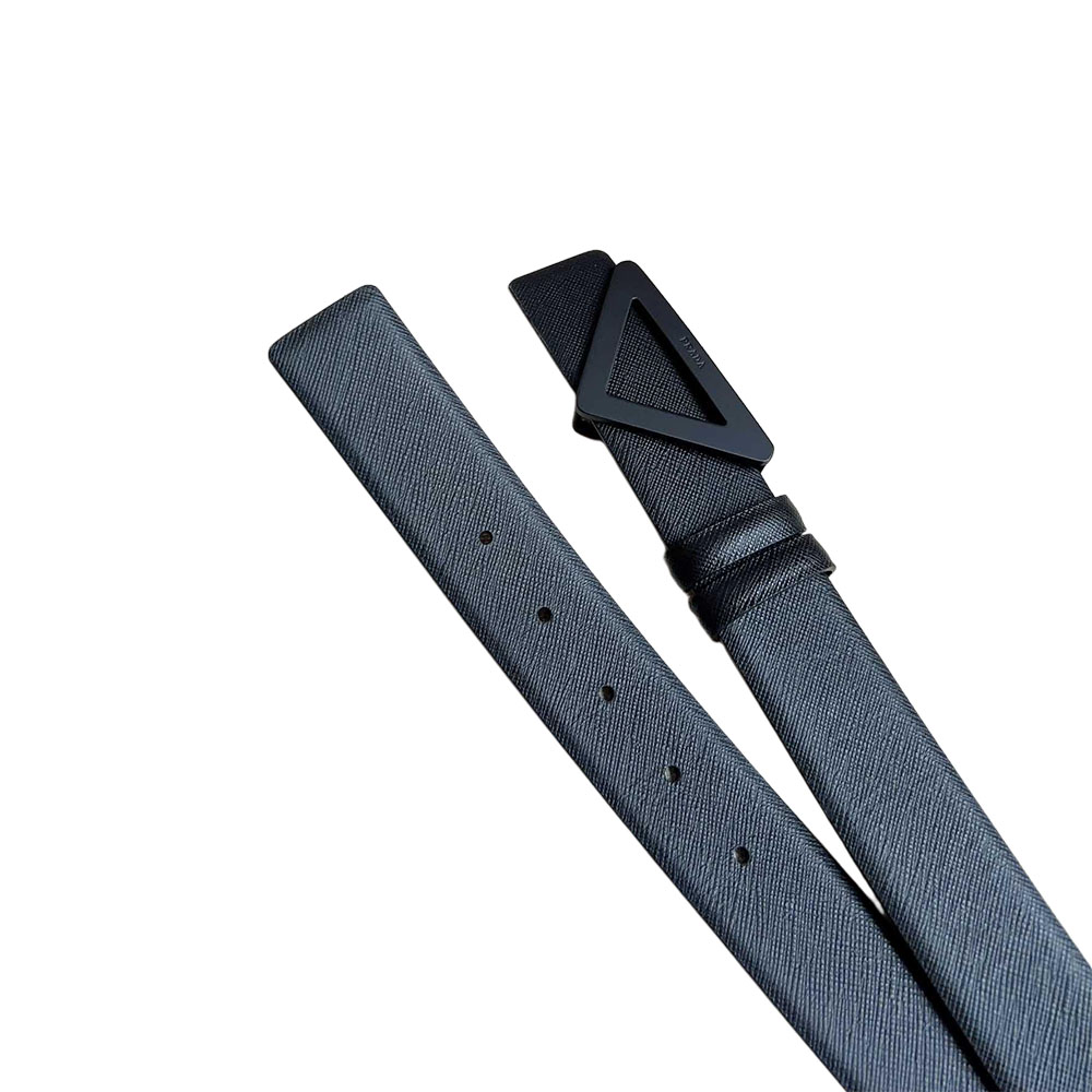 Prada Men' s Triangled Buckle Belt In Black/White/Brown/Blue Saffiano Calfskin With Gold/Silver/Black Hardware 35mm