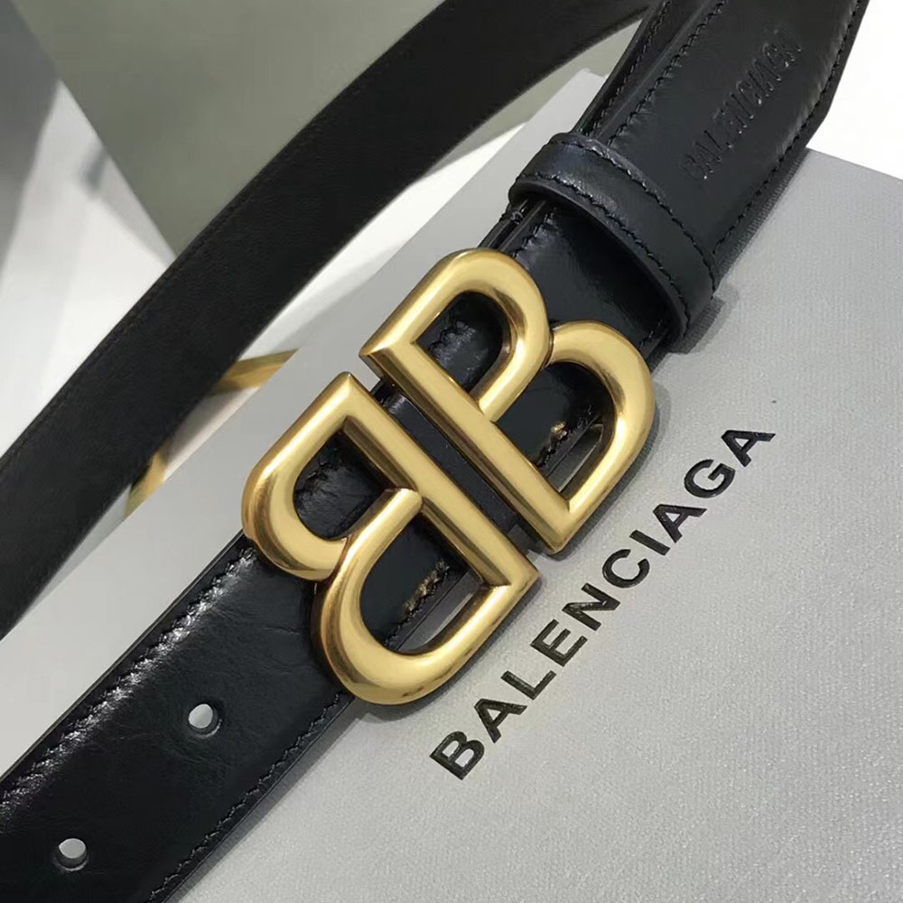 Balenciaga Men's Monaco Belt In Black Calfskin With Gold Hardware 30mm