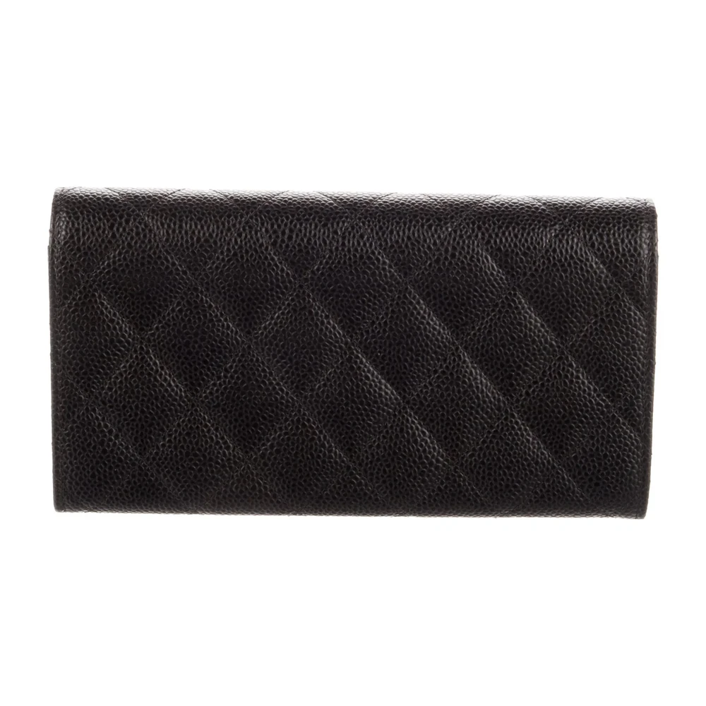 Chanel Large Interlocking CC Logo Trifold Wallet Black Caviar Leather Silver Hardware