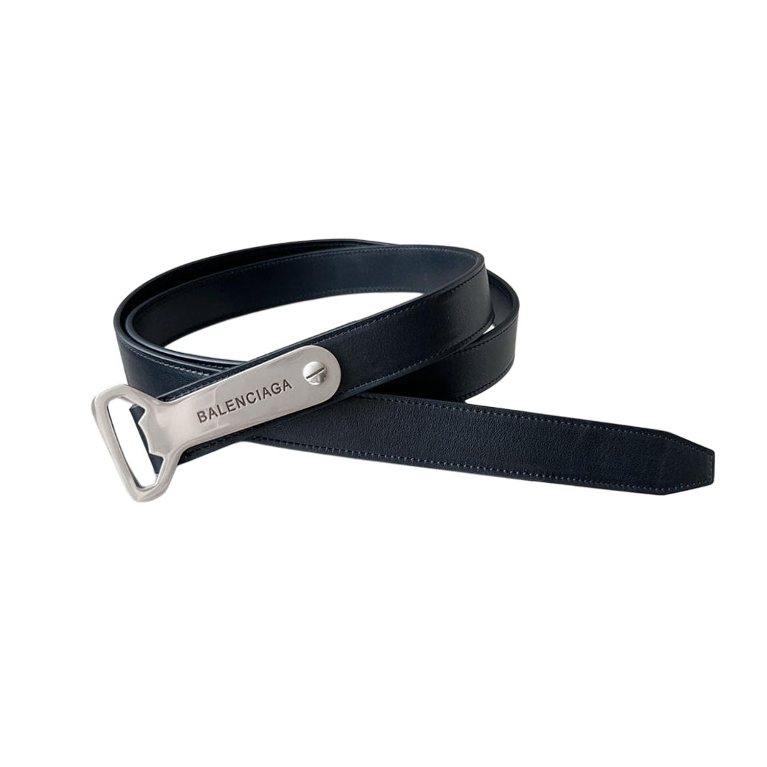 Balenciaga Men's Bottle Opener D Ring Belt In Black Vegetal Calfskin With Silver Hardware 30mm