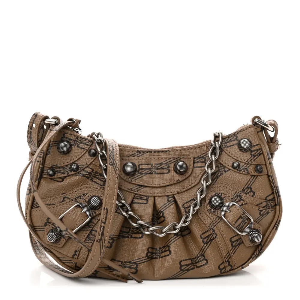 Balenciaga BB Le Cagole Mini Purse With Chain Beige/Brown Coated Canvas Monogram Silver Hardware