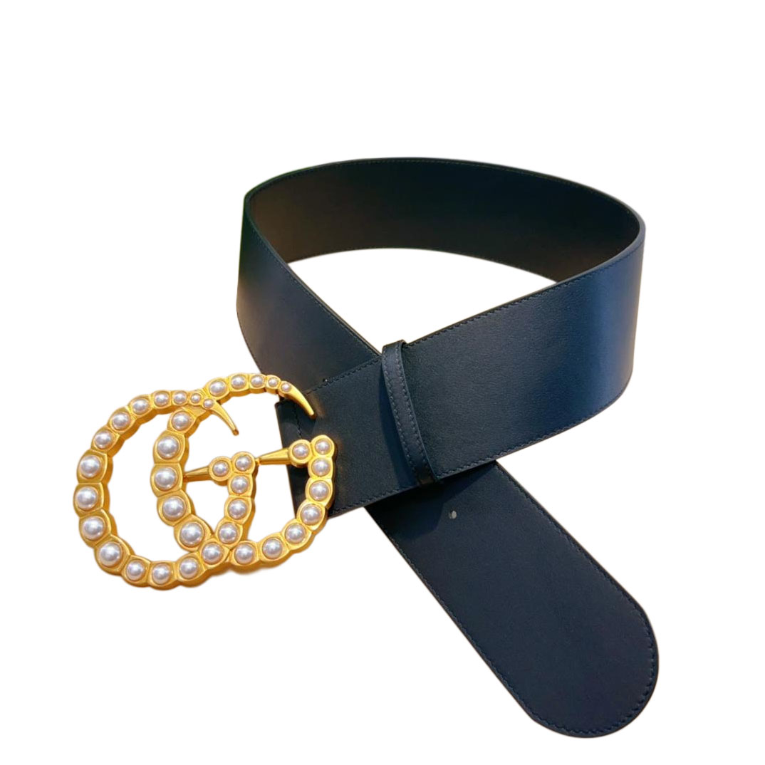 Gucci Women's  Emblem Buckle With Pearls Belt In Black Smooth Calfskin With Gold Hardware 70mm