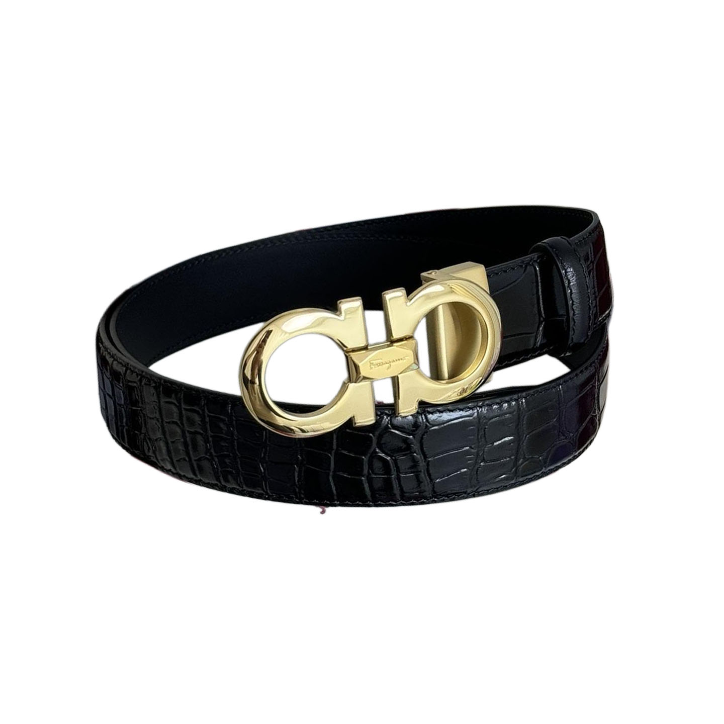 Ferragamo Men's Double Gancini Buckle Reversible Belt In Black Crocodile-Embossed Calfskin With Gold/Silver/Black Hardware 35mm