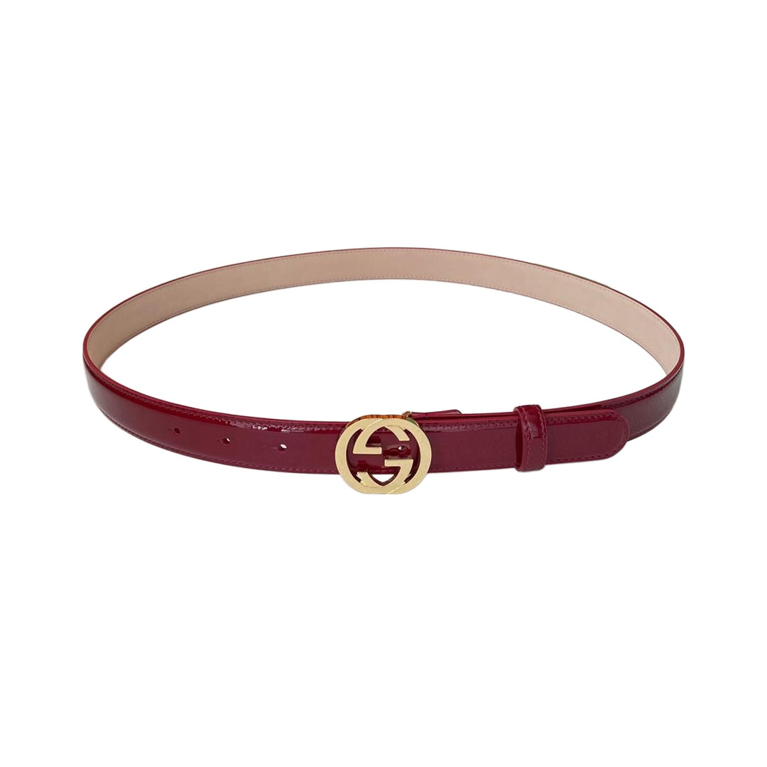 Gucci Women's GG Buckle Belt In Red/White/Black Patent Calfskin With Gold/Silver Hardware 25mm