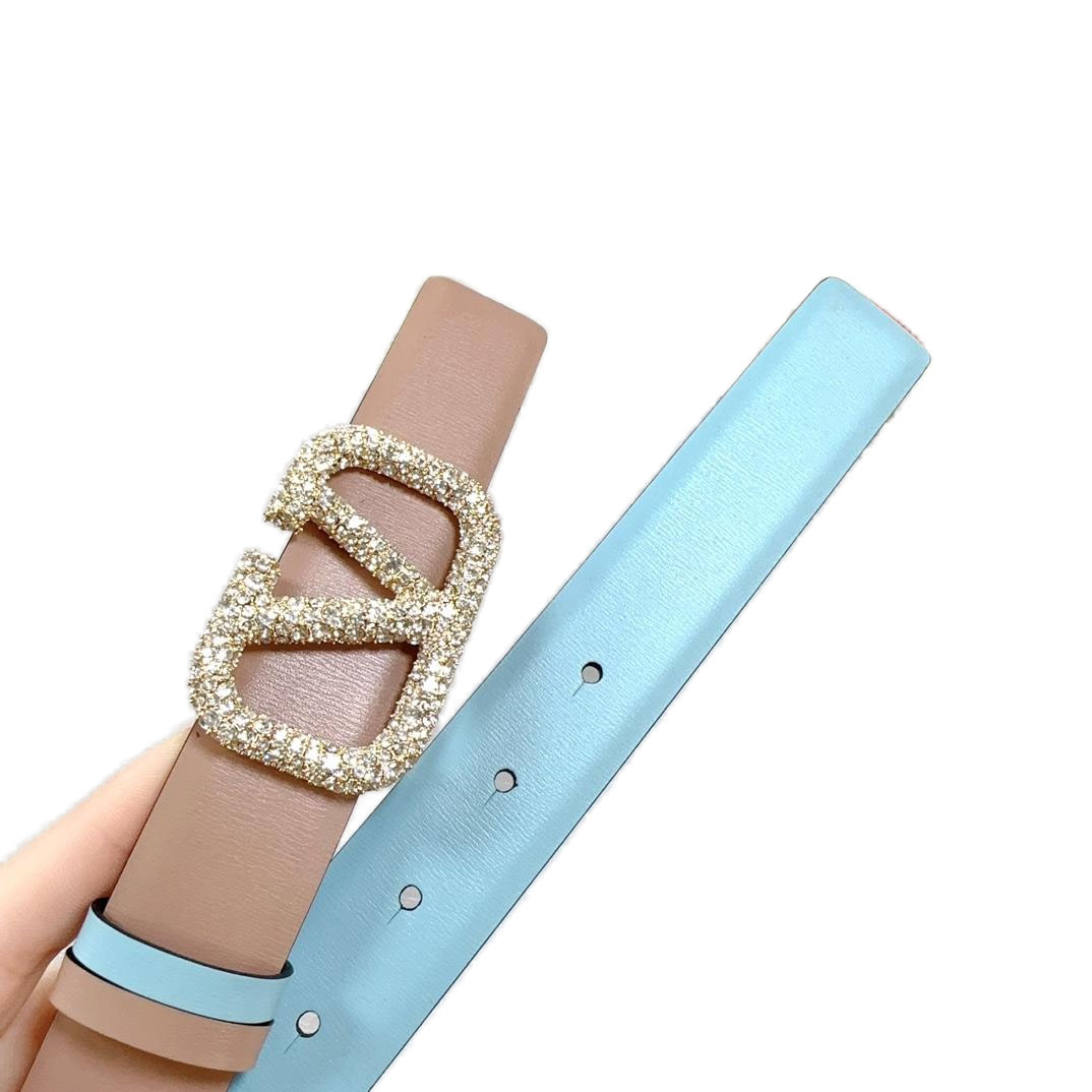 Valentino V Buckle With Crystal Belt In Nude/Blue Calfskin With Gold/Black Hardware 30mm