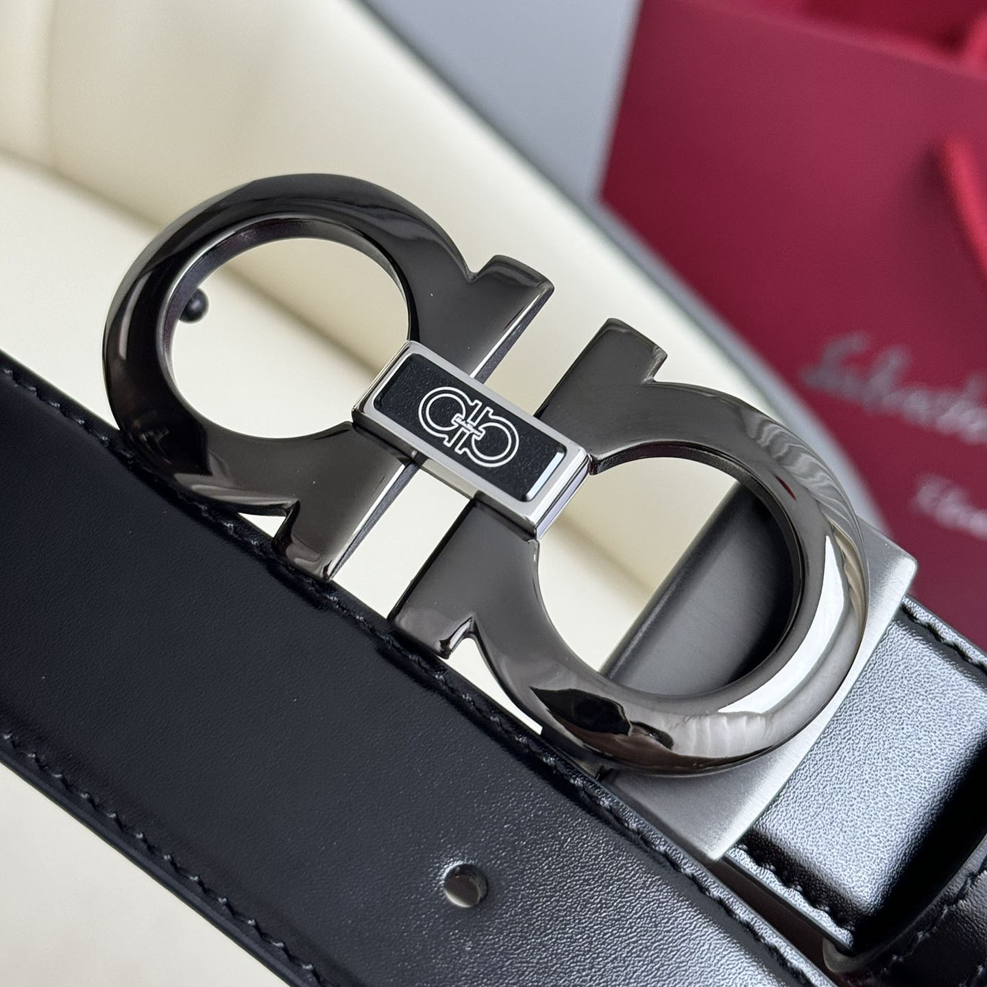 Ferragamo Men's Double Gancini Buckle Belt In Black Calfskin With Gold/Gun Black Hardware 35mm