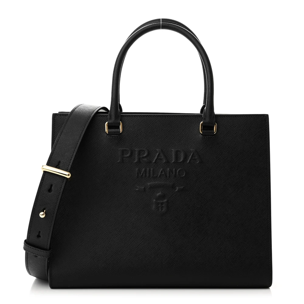 Prada Medium Lux Logo Embossed Shoulder Tote Handbag Black Saffiano Leather
