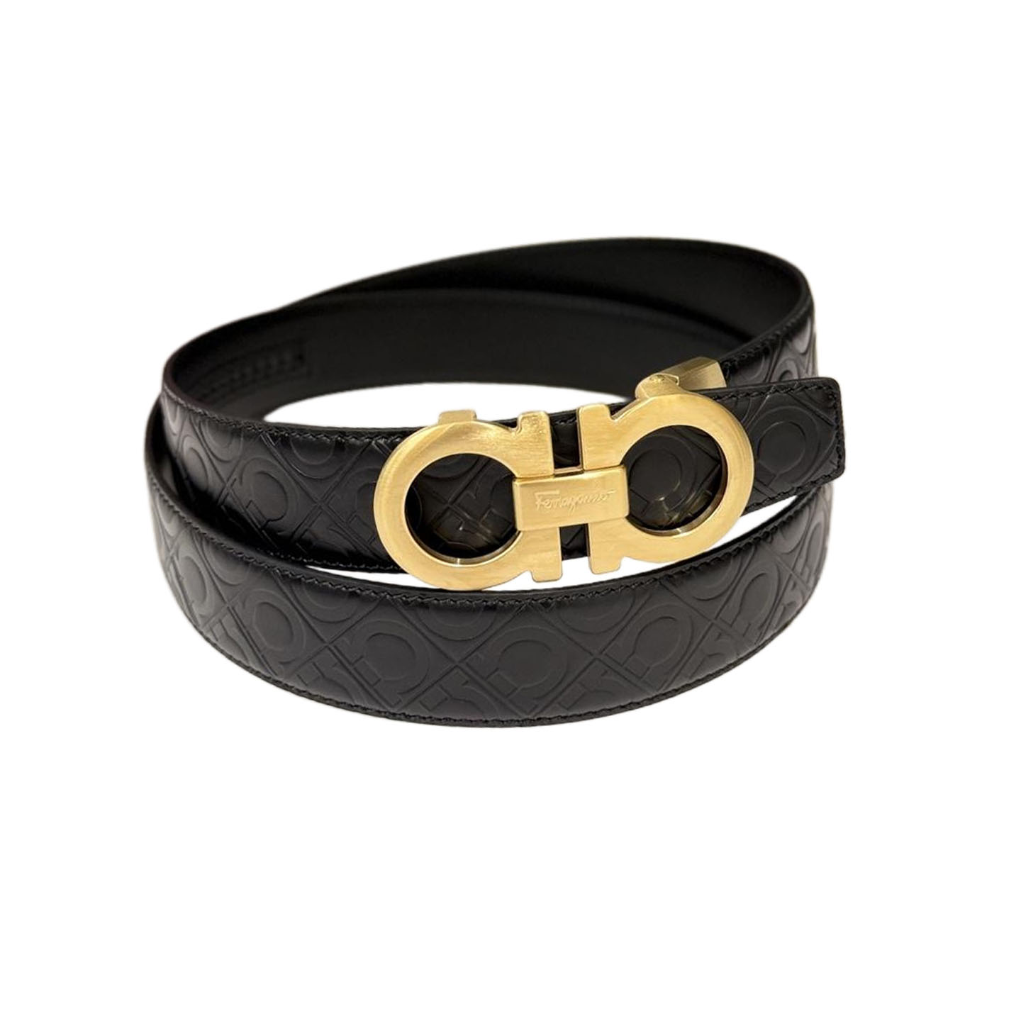 Ferragamo Men's Double Gancini Buckle Belt In Black Gancini Embossed Calfskin With Gold/Silver/Black Hardware 35mm