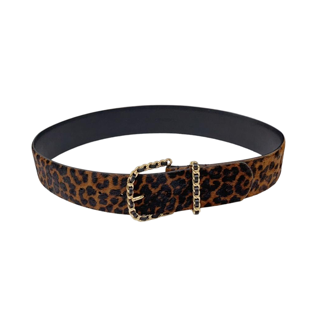 Chanel Women's Chain Buckle Belt In Leopard Calfskin With Gold Hardware 50mm