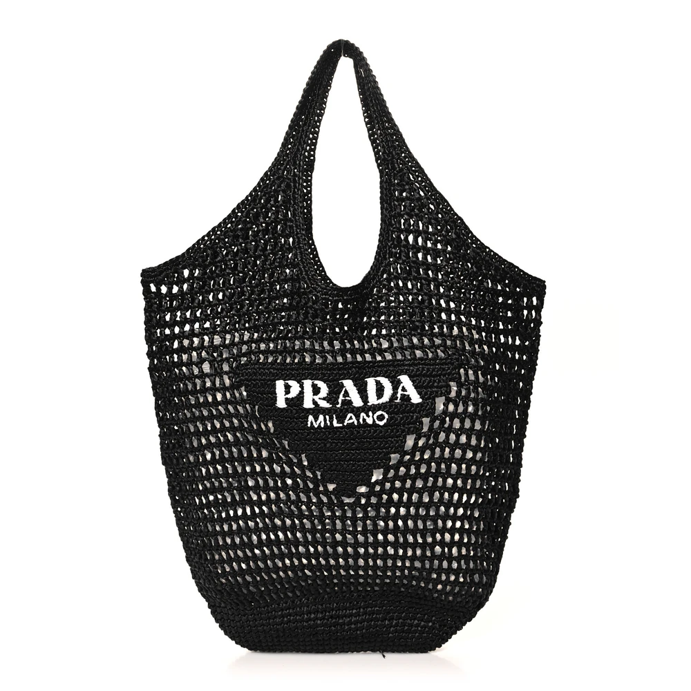 Prada Large Effect Logo Embroidered Shopping Crochet Tote Bag Black Yarn Raffia