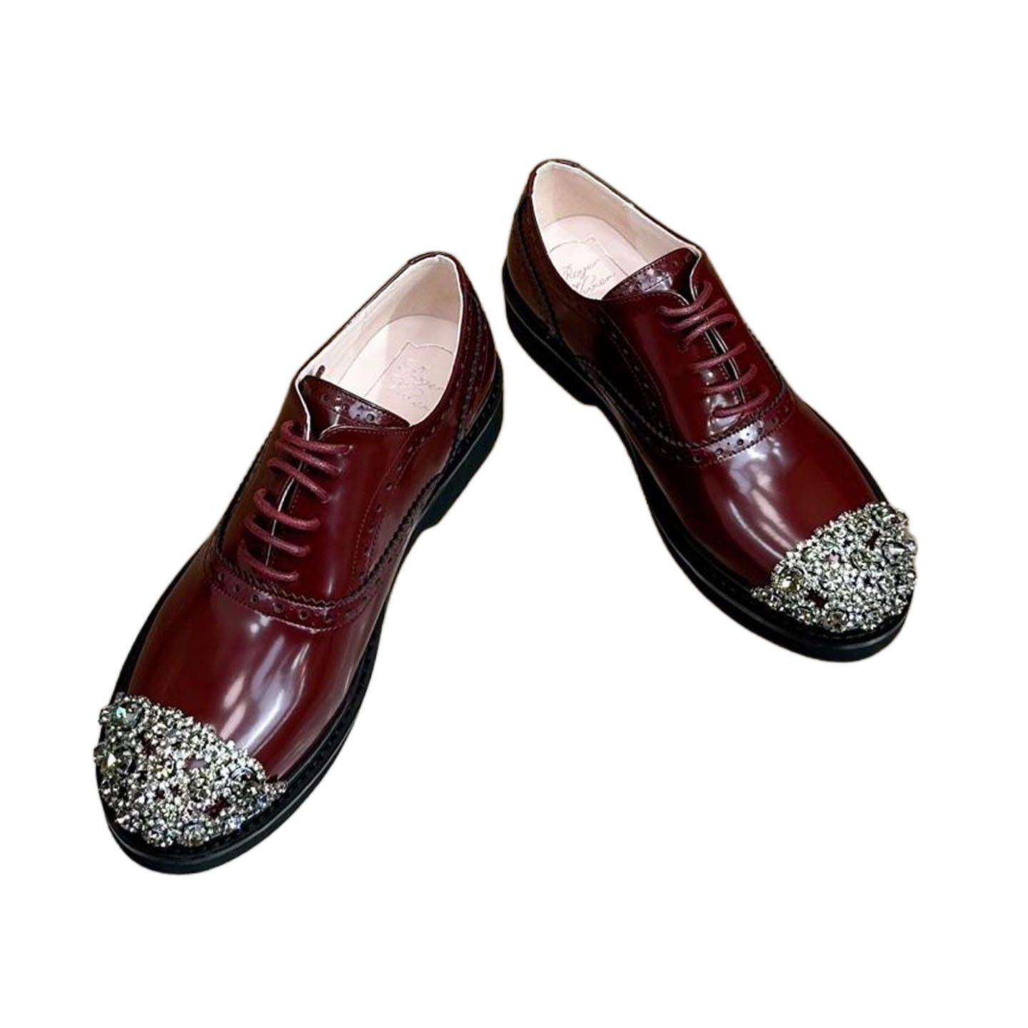 Roger Vivier Viv' Rangers Lace-Ups Loafers In White/Red Leather With Crystal Flowers