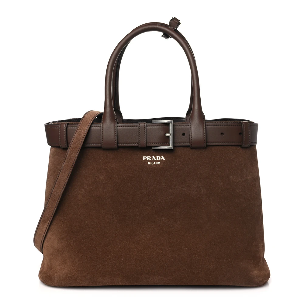 Prada Large Double Belt Tote Cacao Scamosciato Suede Leather