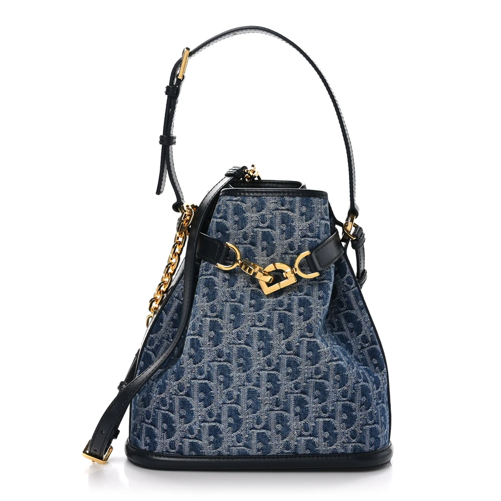 Dior Medium C'est Chain Bucket Bag Blue Oblique Canvas Gold Hardware