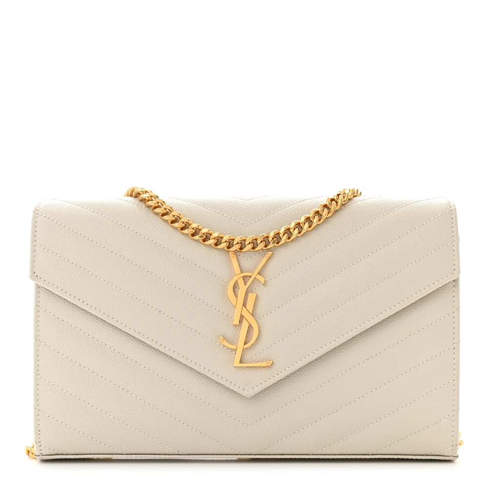 Saint Laurent Small Chain Wallet Crema Soft Chevron Monogram Grain De Poudre Matelasse Leather Gold Hardware