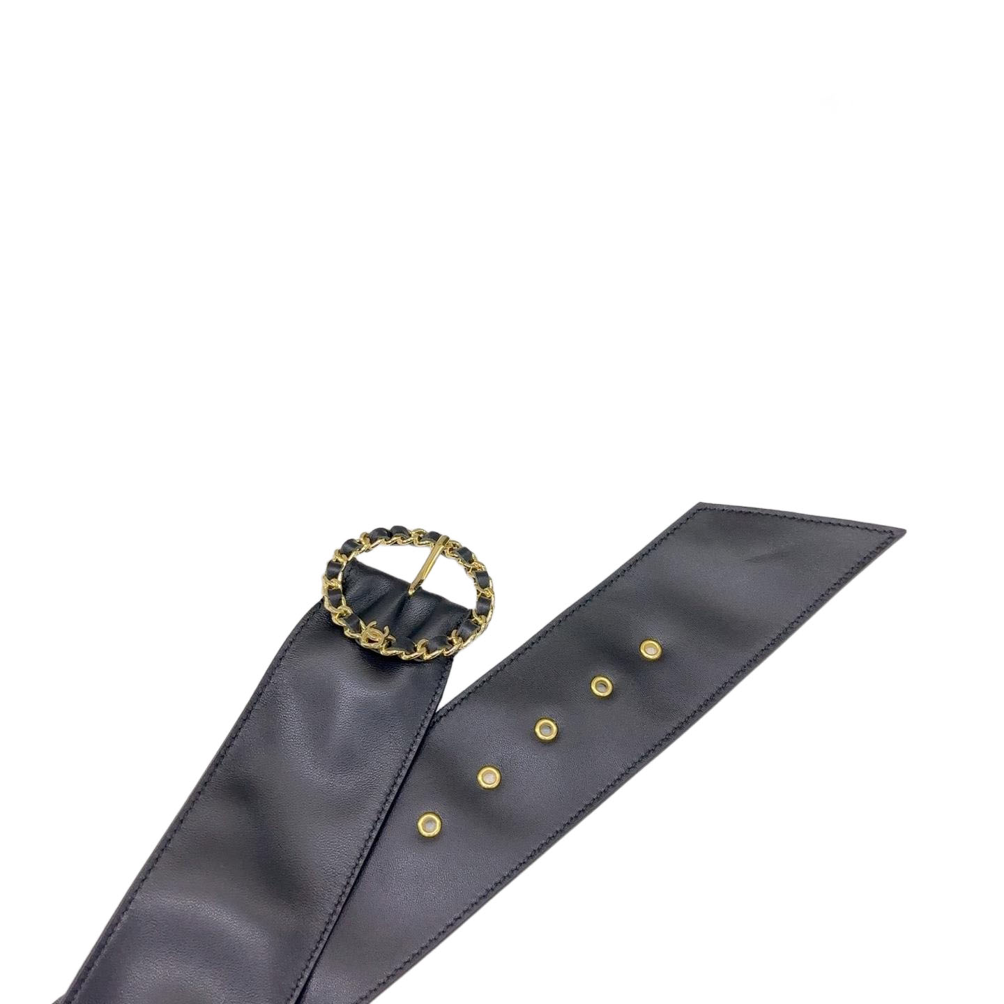 Chanel Women's Round Buckle Belt In Black Lambkin With Gold Hardware 50mm
