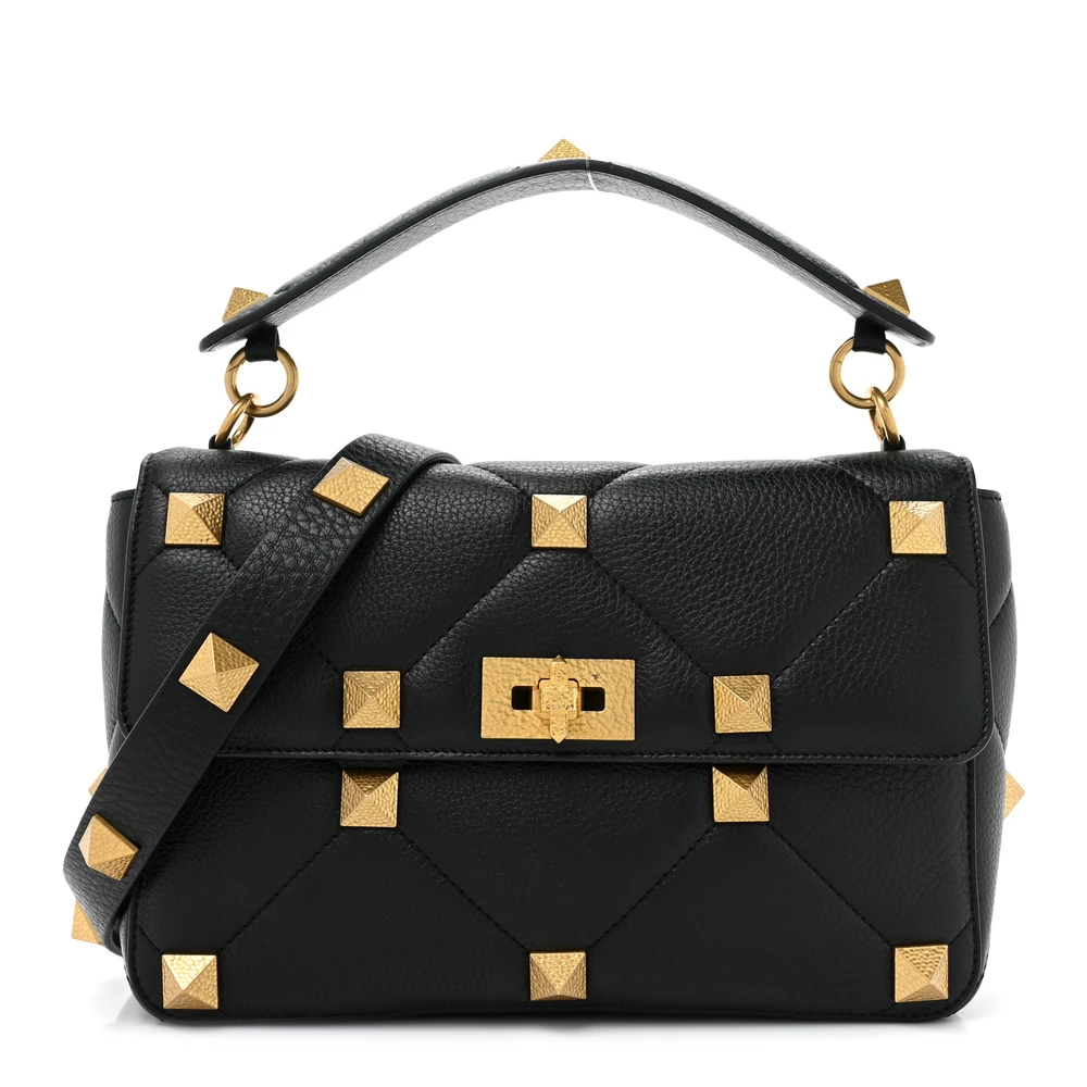 Valentino Garavani Large Roman Stud Shoulder Bag Black Grained Calfskin Leather Brass Hardware