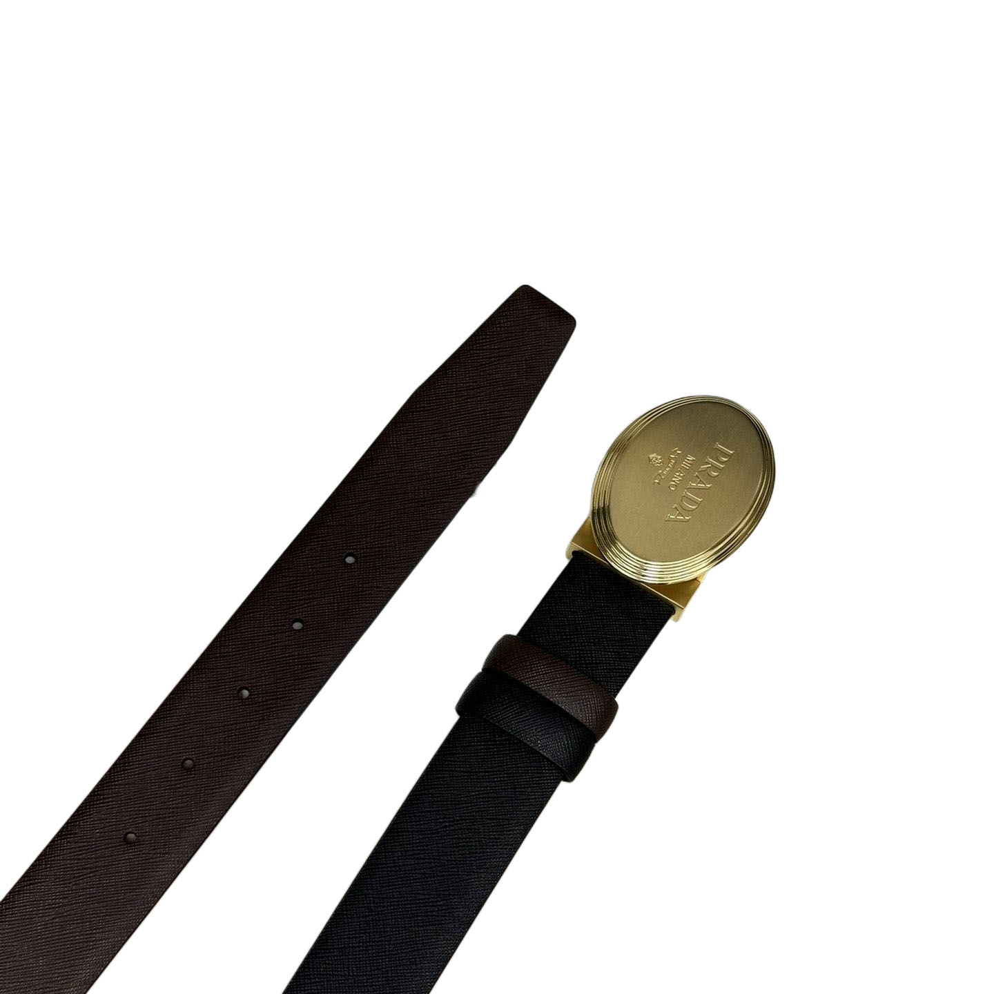 Prada Men' s Oval Buckle Belt In Black/Brown/Burgundy/Grey Saffiano Calfskin With Gold/Silver Hardware 34mm