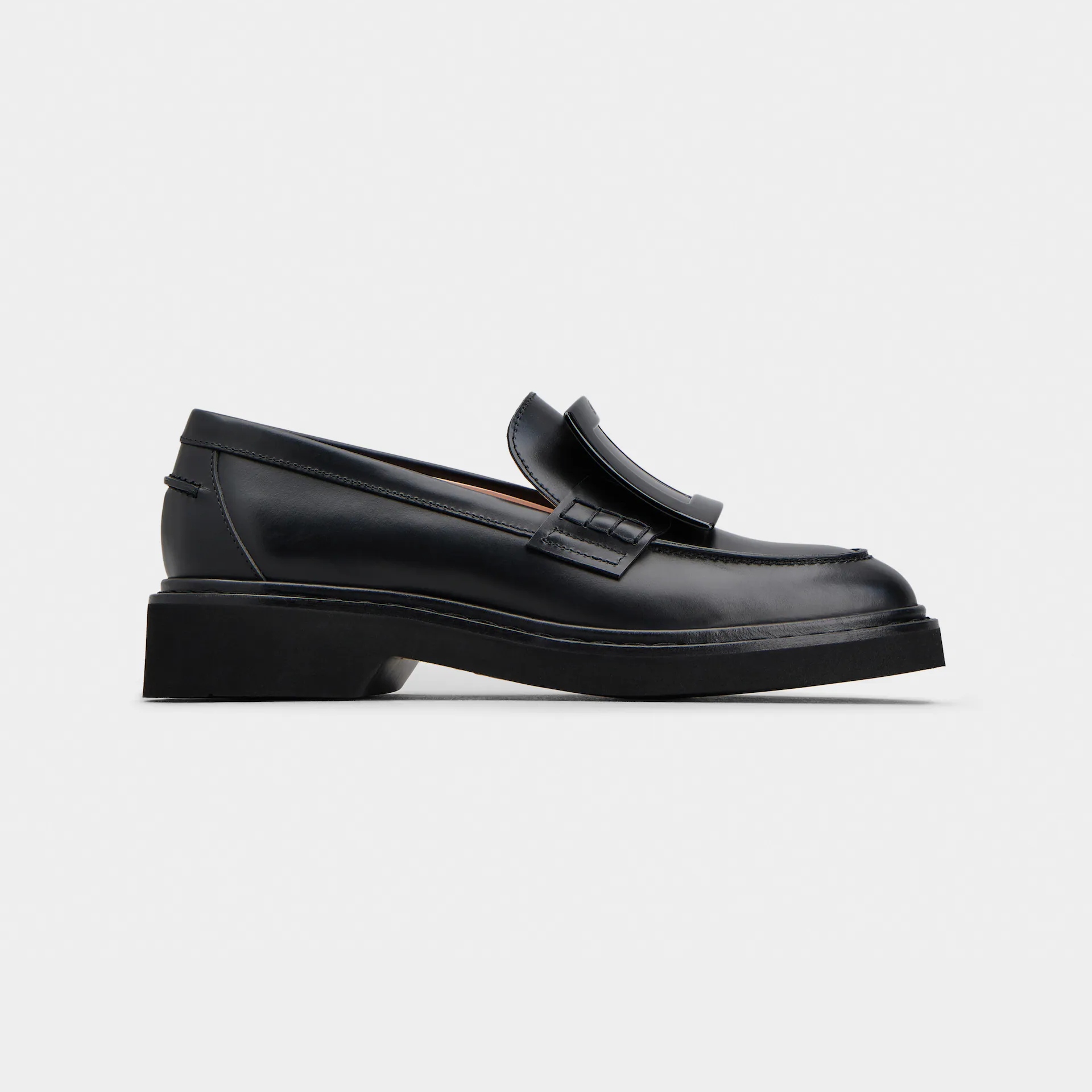 Roger Vivier Viv' Rangers Loafers In Black Leather With Lacquered Metal Buckle (Heel Height 2.5cm)