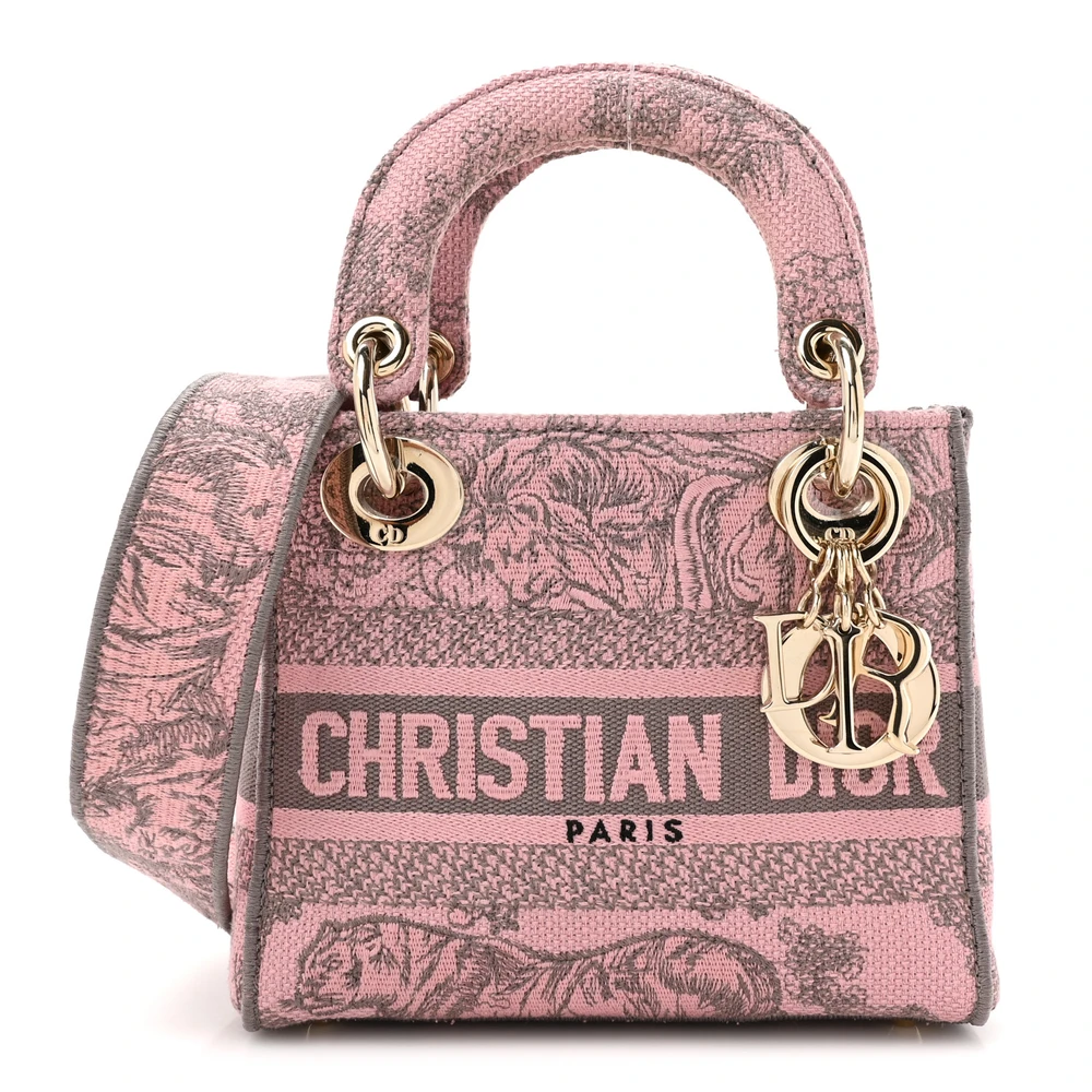 Dior Mini Toile De Jouy Lady D-Lite Grey/Pink Embroidered Canvas Gold Hardware