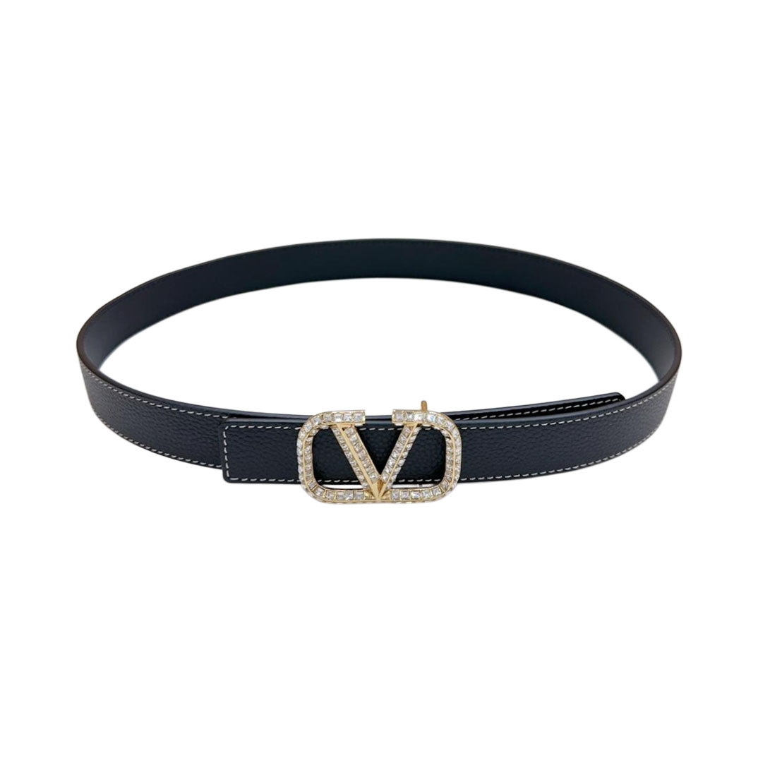 Valentino V Buckle With Crystal Belt In Black/Blue/Pink/Brown/White Calfskin With Gold Hardware 30mm