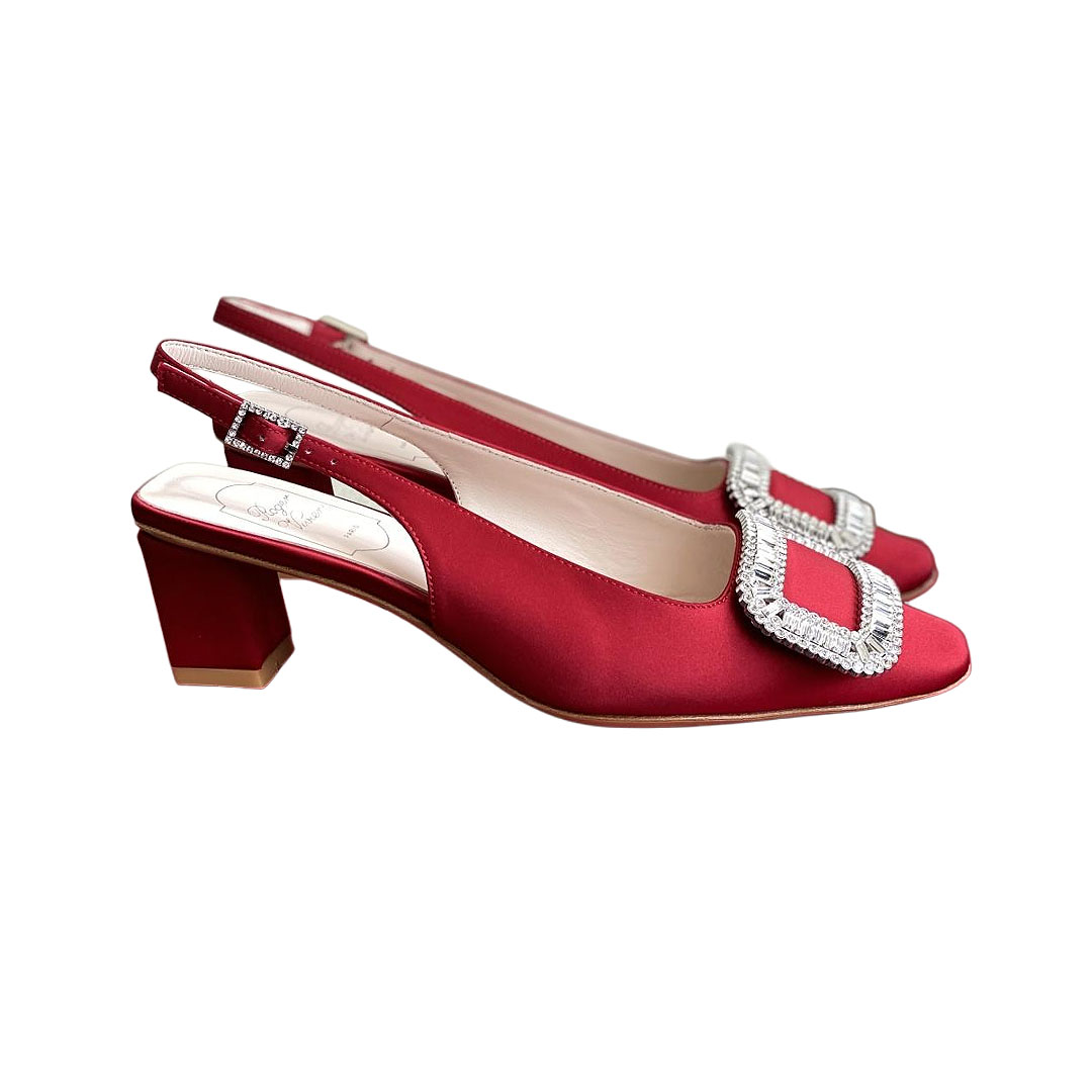 Roger Vivier Belle Viver Slingback Pumps High Heels In Red/Beige Satin With Crystal Buckle (Heel Height 4.5cm)