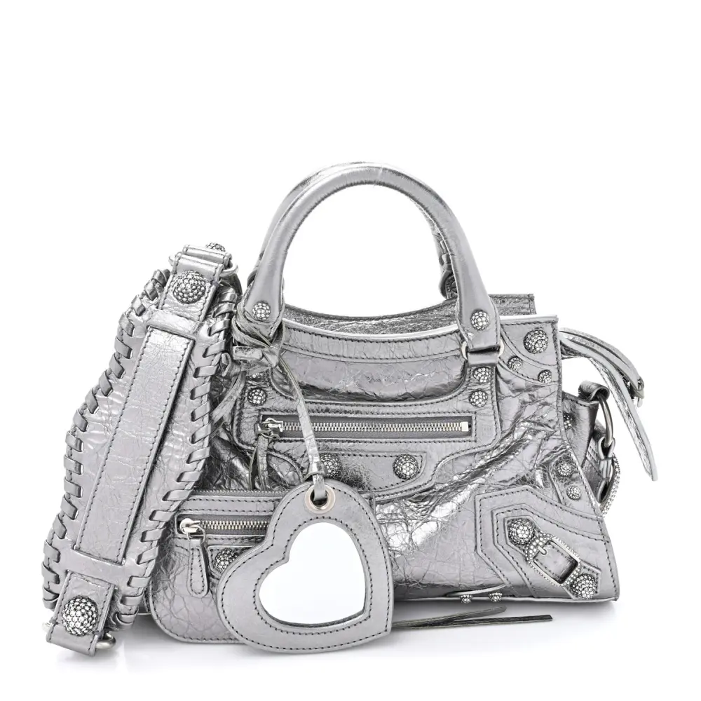 Balenciaga XS Crystal Neo Cagole Handbag Silver Agneau Arena Leather Silver Hardware